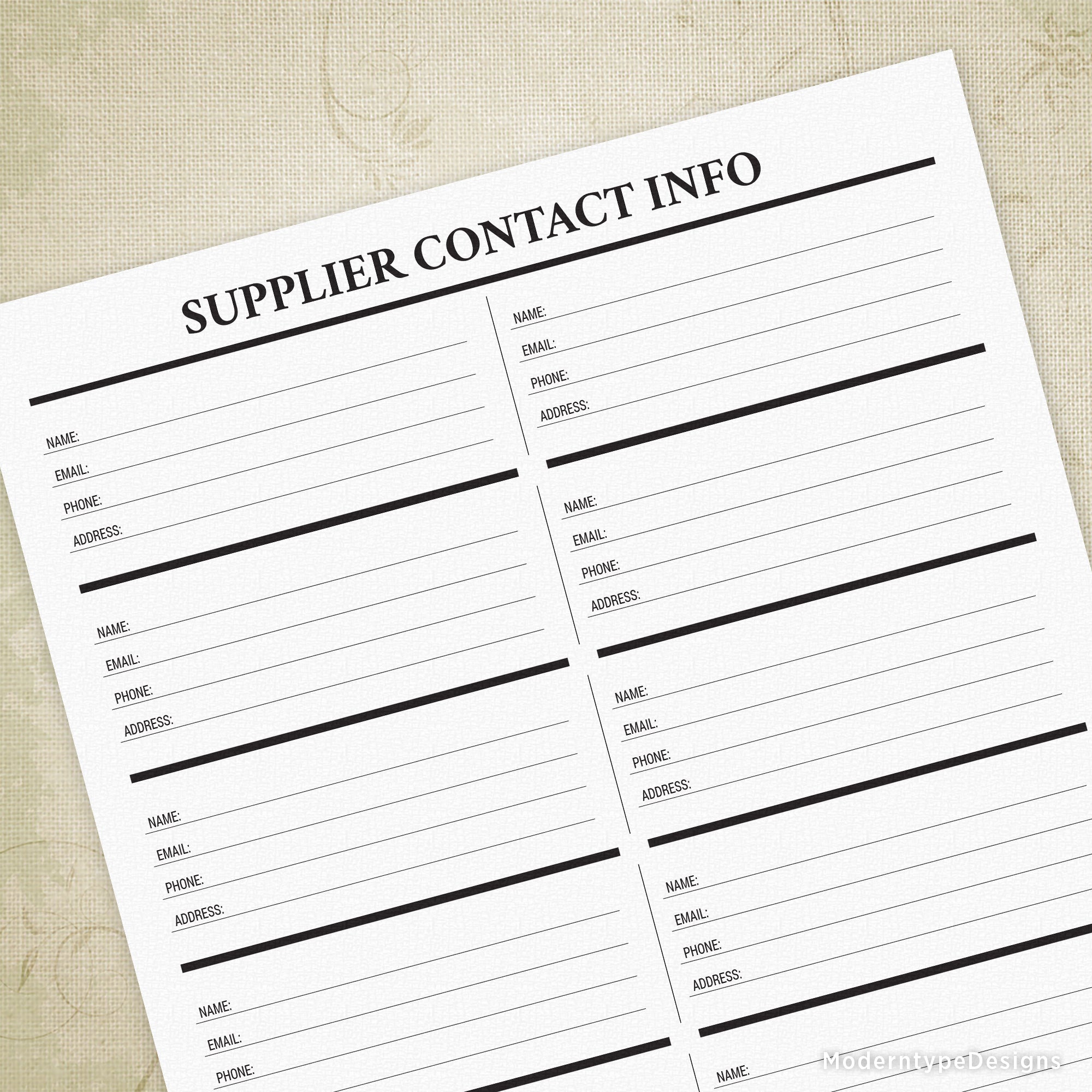 This is a Supplier Contact Info Printable PDF for Digital Download. Keep track of 12 suppliers on each page. Includes lines for name, phone, email, and address.