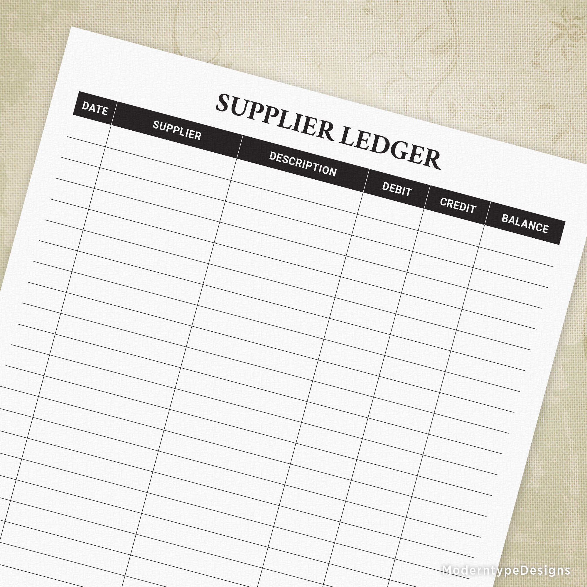 A printable supplier ledger form with sections for date, supplier, description, debit, and balance, designed for tracking financial balances with multiple suppliers.