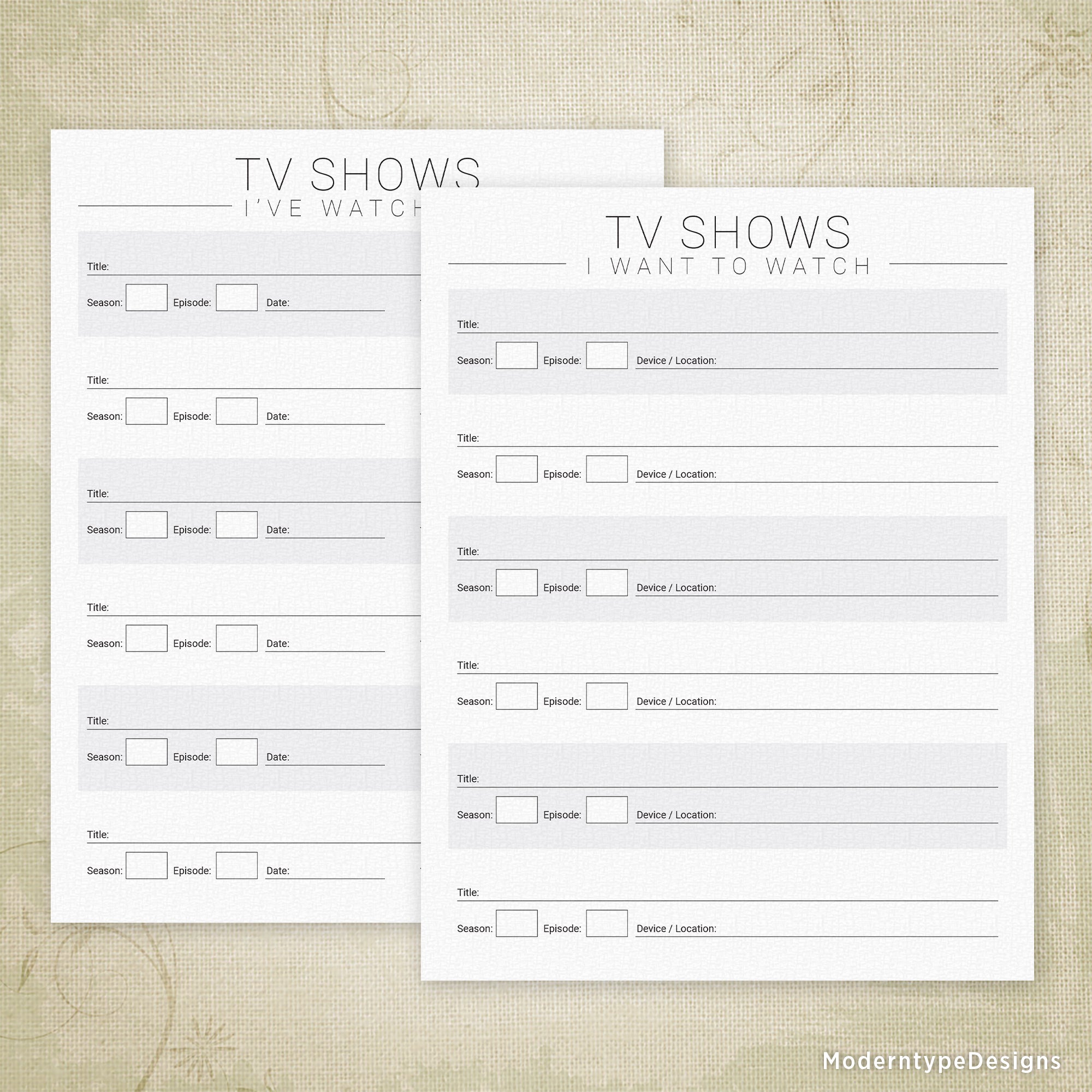 Two printable PDF forms titled 'TV Shows I've Watched & I Want to Watch' with a modern design, featuring a list of questions to track TV show information.