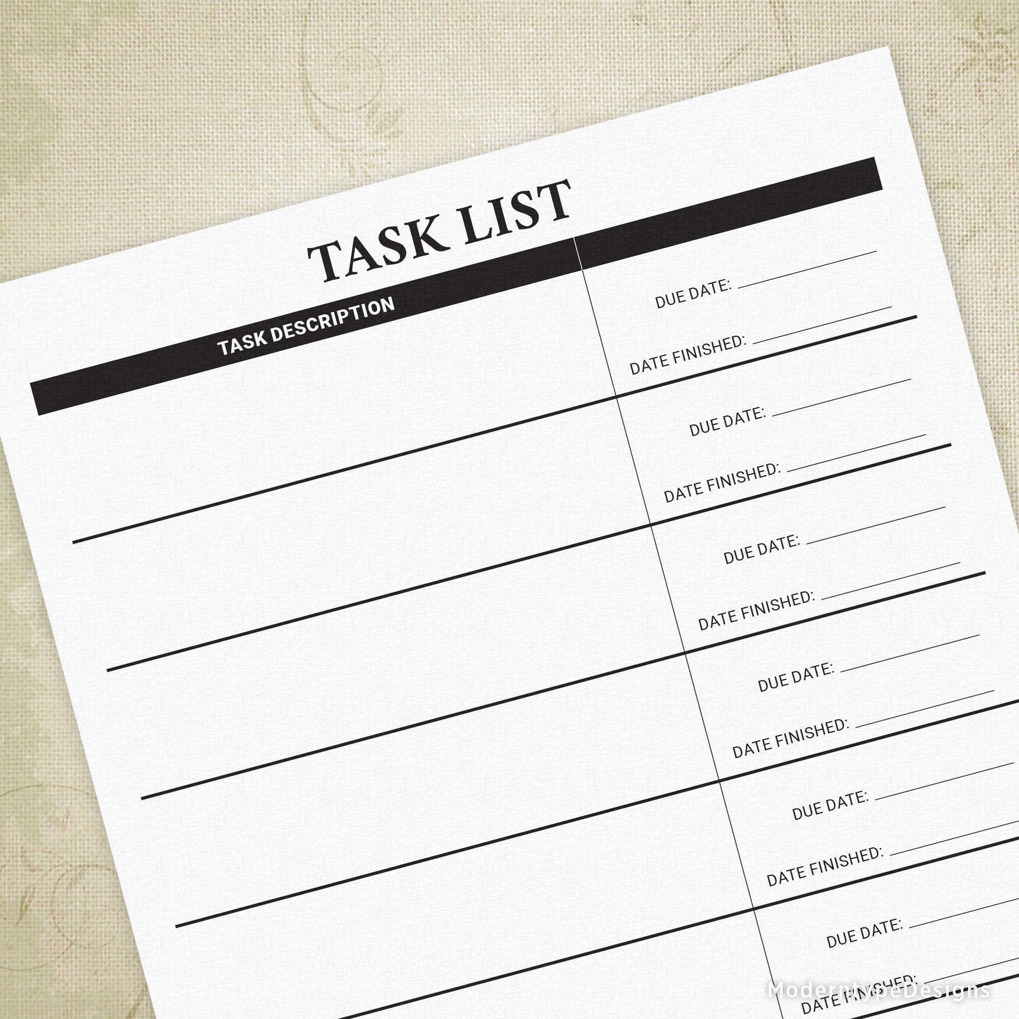 Schedule and track your tasks with this Task List Planner Printable PDF. This file includes a column with lines to write in your dates if you have accomplished your goals.