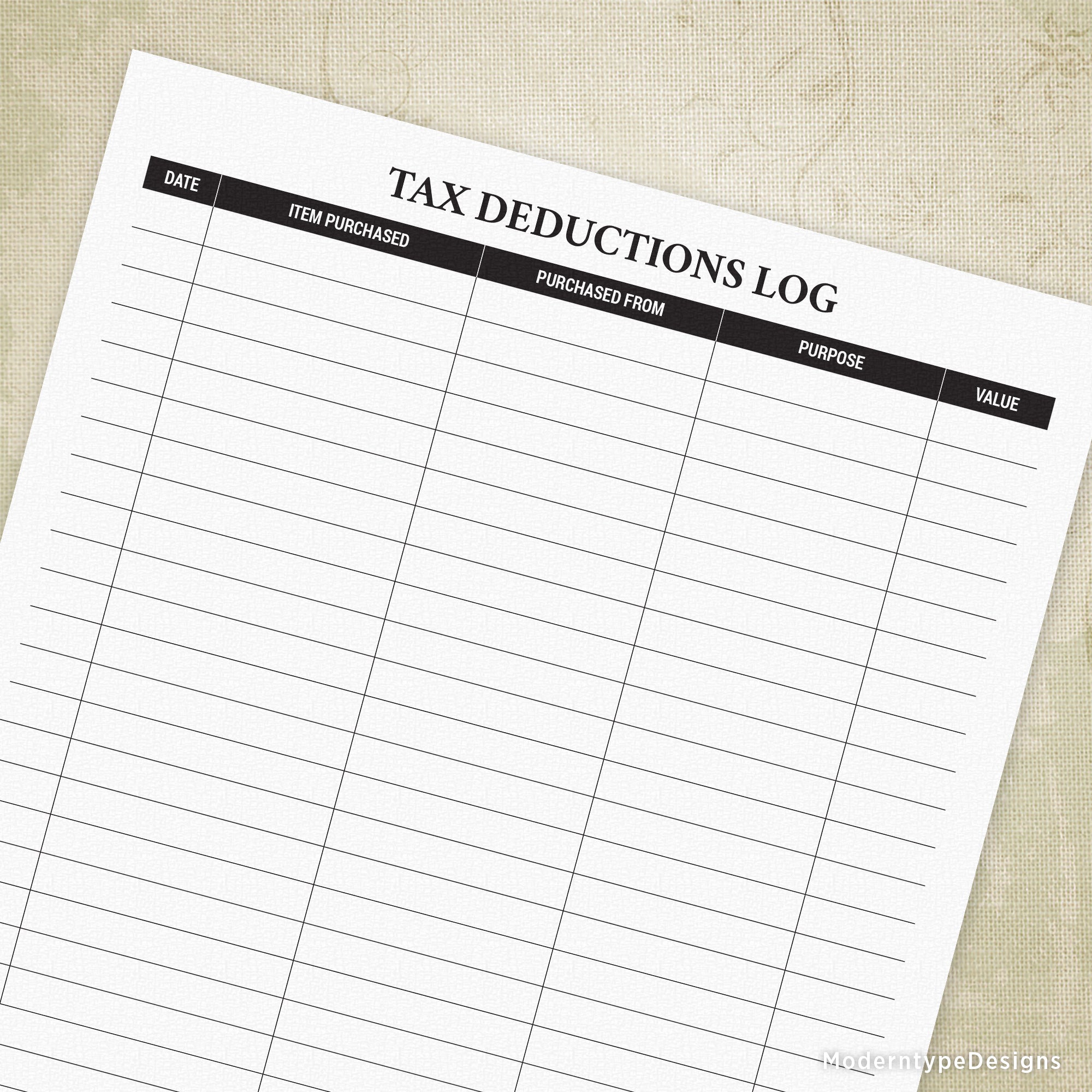 This is a PDF Tax Deductions Log Printable form. Keep track of your deductions all year long with this easy-to-use log. They always say every deduction should be supported by documentation showing what, how much, and who. This form will help you accomplish that! At the top of this form is “Tax Deductions Log”, and each column header is “Date”, “Item Purchased”, "Purchased From", "Purpose", and "Value".
