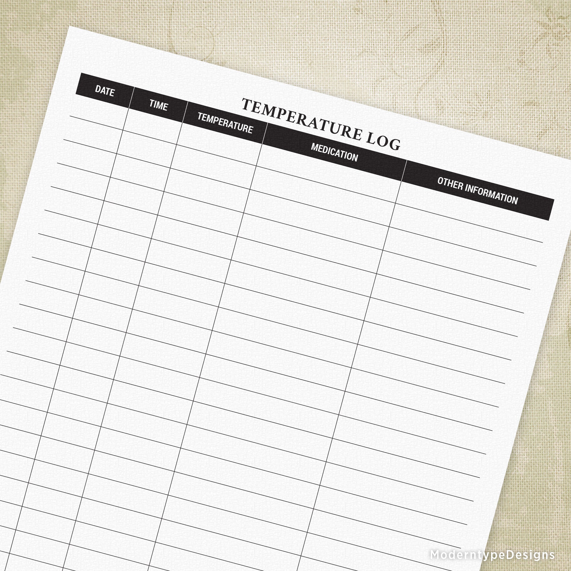 This is a Temperature Log Printable Form PDF for Patients. This form is great for keeping track of the temperatures of your patients and the medication that you've given them. Often when someone such as your child is sick, it gets confusing if the last person watching them didn't write information down. Now, there is no excuse! There is even an extra column (titled "Other Information") to write in when the next dose is due.