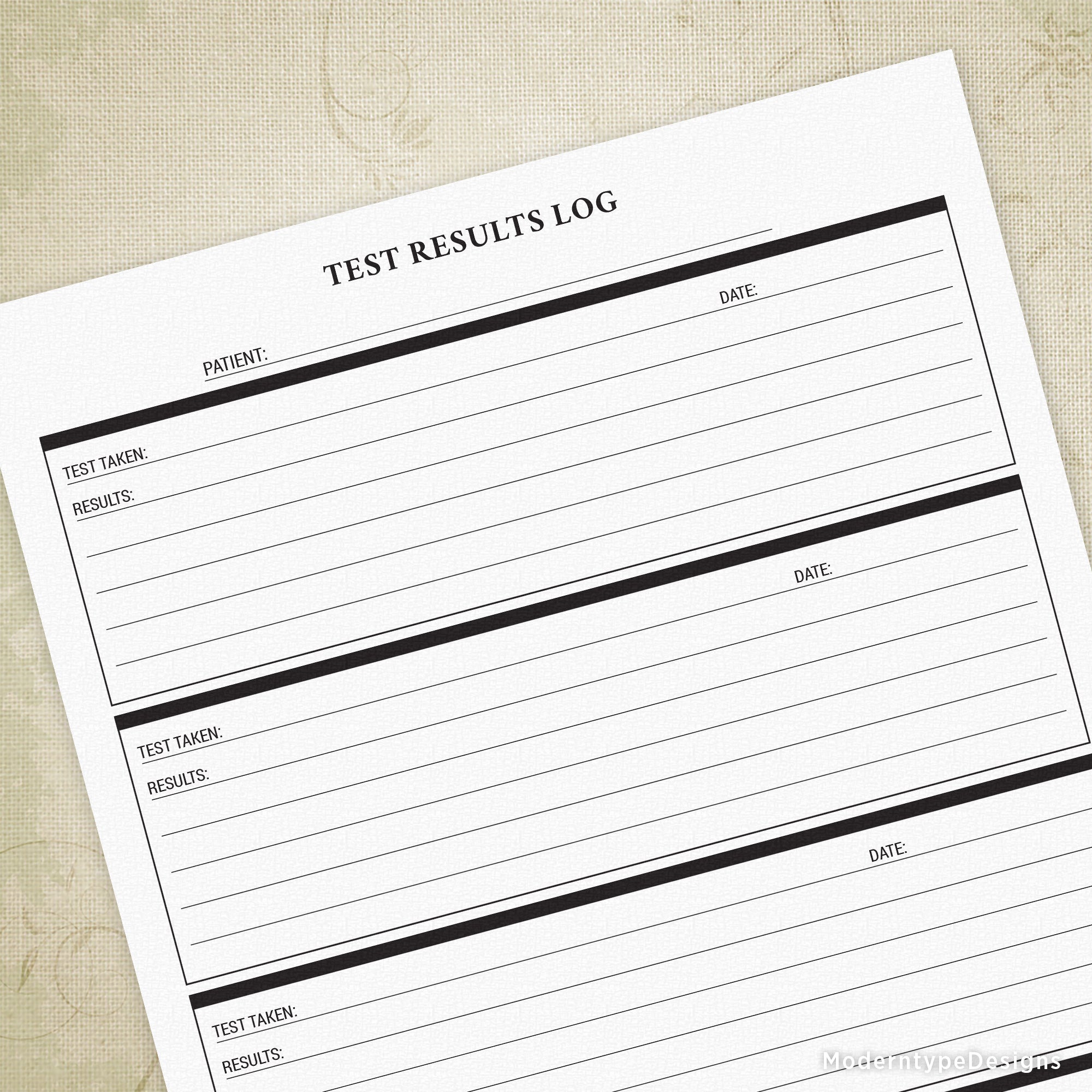 A printable test results log form with sections for patient information, test details, date, and notes.