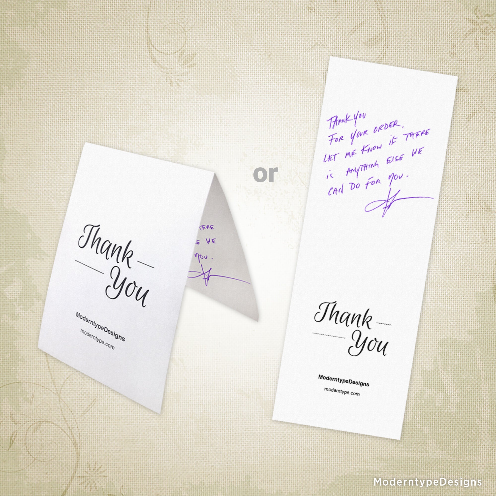 Two printable thank you cards with editable text fields, one displayed flat and the other folded, showing the interior message space.