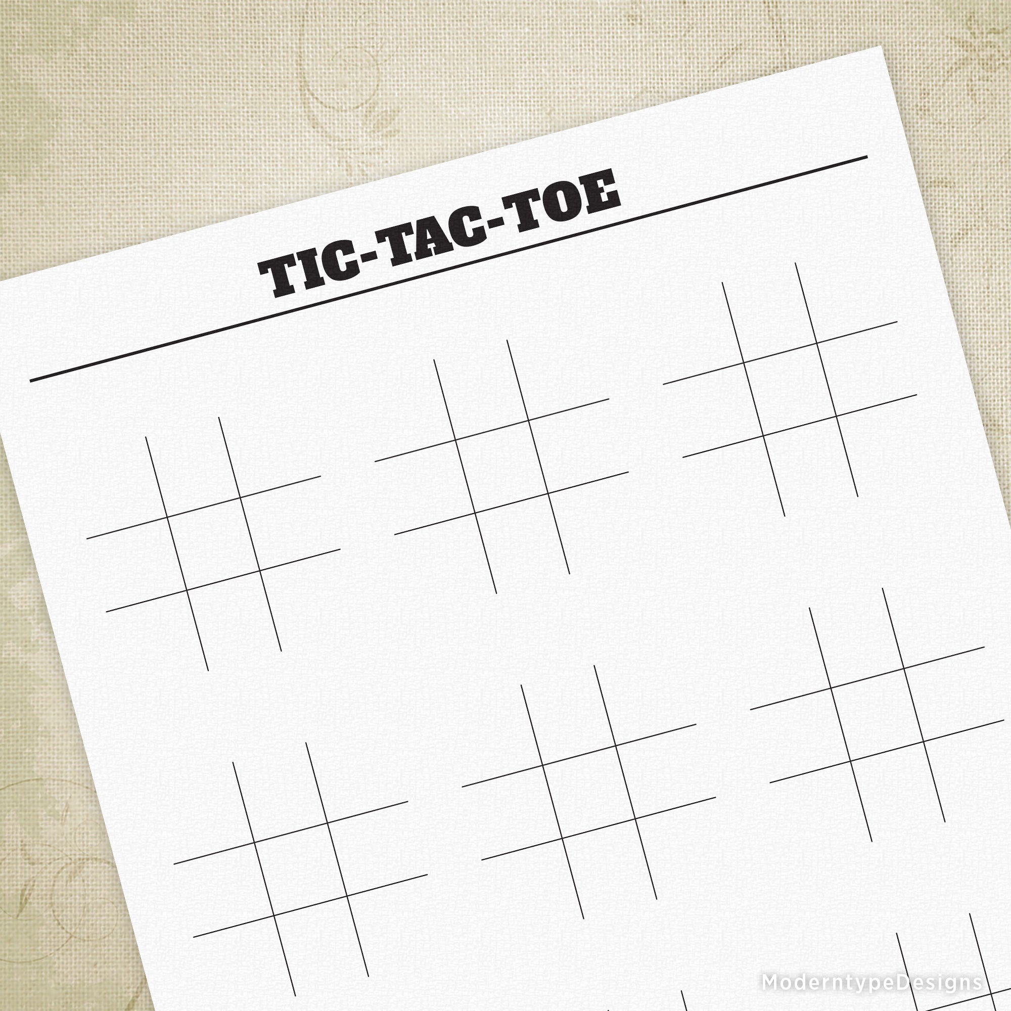 A printable Tic-Tac-Toe game sheet with marked lines for six games, featuring 'X' and 'O' symbols, and the title 'TIC-TAC-TOE' at the top.