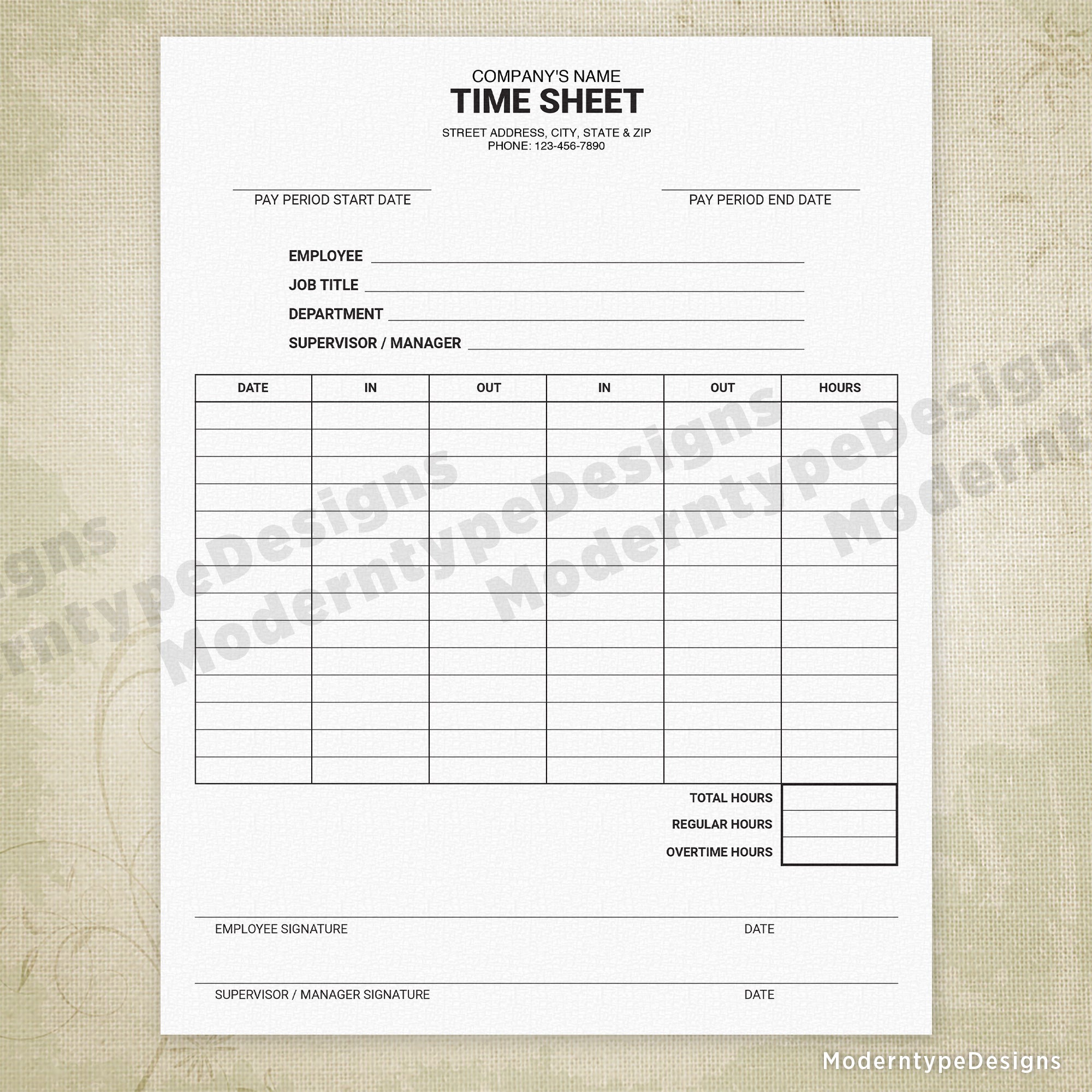Employee Time Sheet Printable Form, Personalized