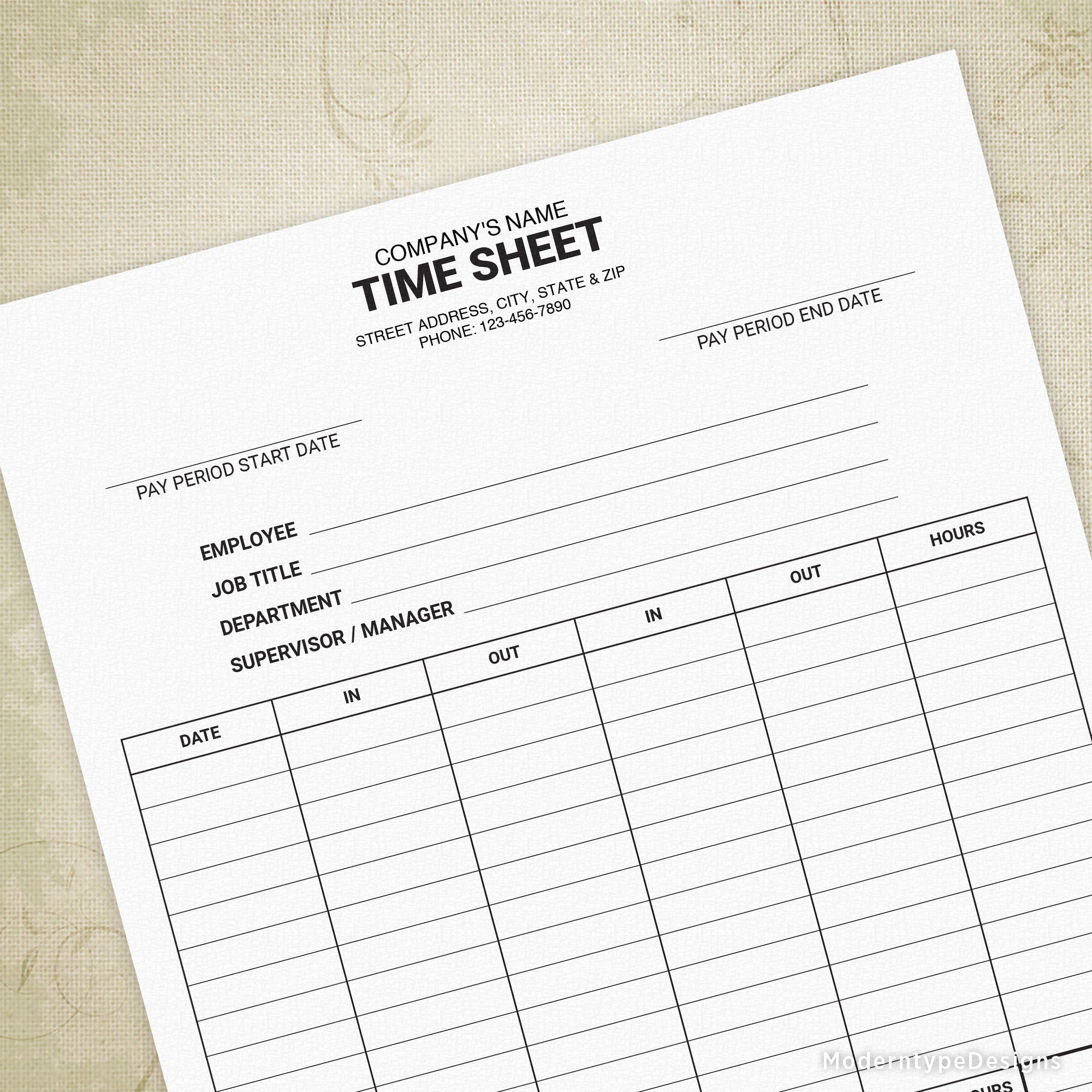This is a printable PDF Employee Time Sheet template with editable fields. Keep yourself organized and looking professional with this time sheet customized with your business information and employee information. Make infinite new versions for each pay period and each employee for one price!