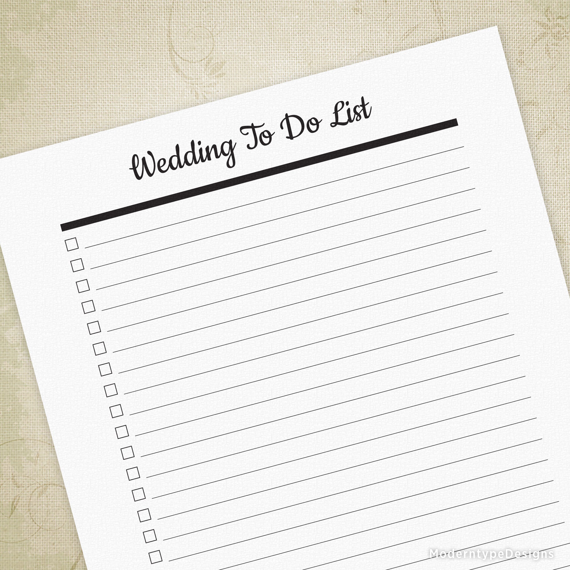 This is a Wedding To Do List Printable PDF Form. A perfect and simple planner to use as your wedding agenda tracker! Print this full-sized To Do List and write down your goals. Each line features a box to check off what you've accomplished.