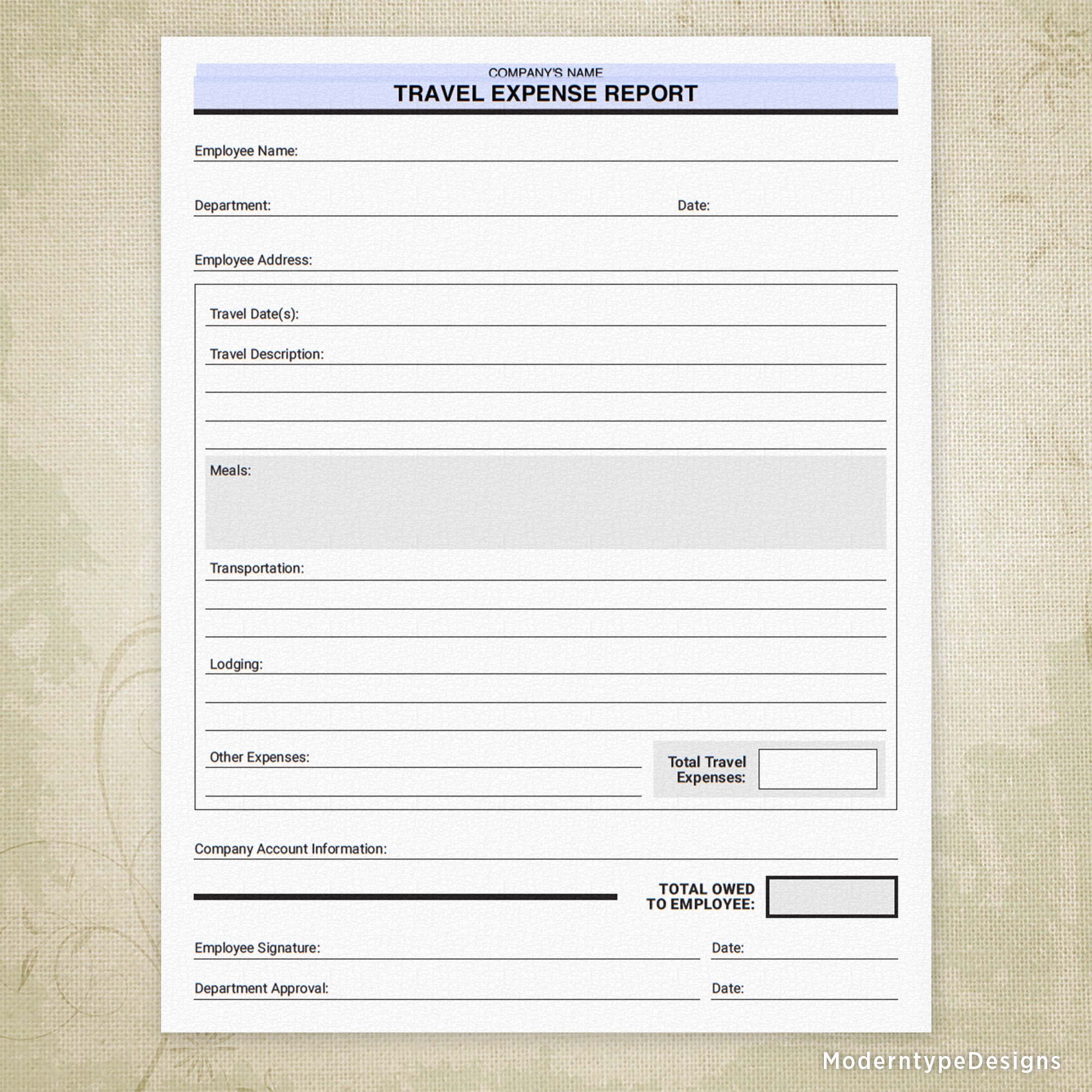 Travel Expense Report Printable Form, Personalized