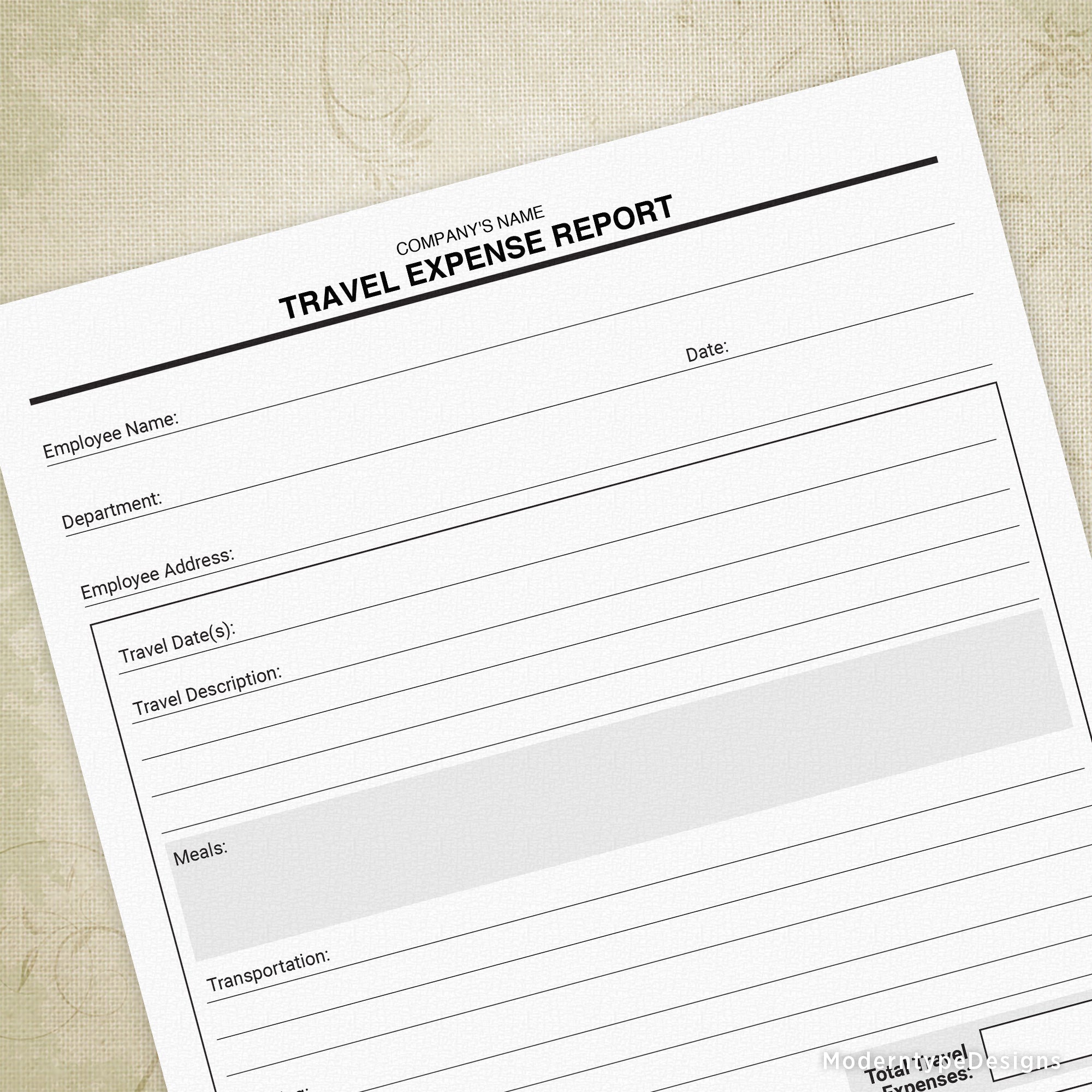 Editable PDF travel expense report form with blank spaces for personalized information.