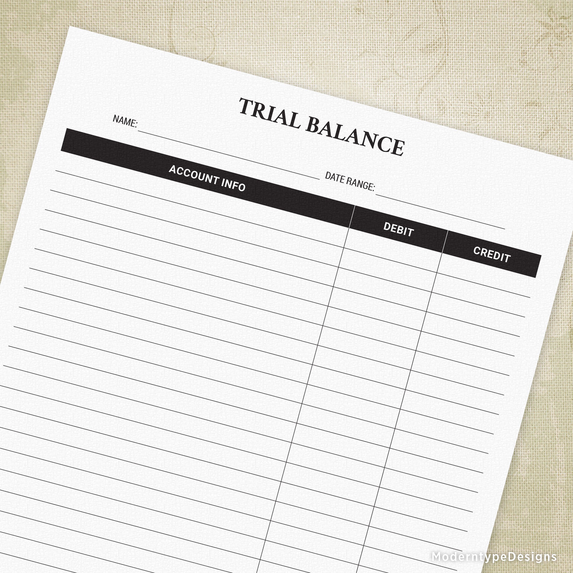 A printable trial balance sheet with columns for account info, credit, and debit, and spaces for name and date range.