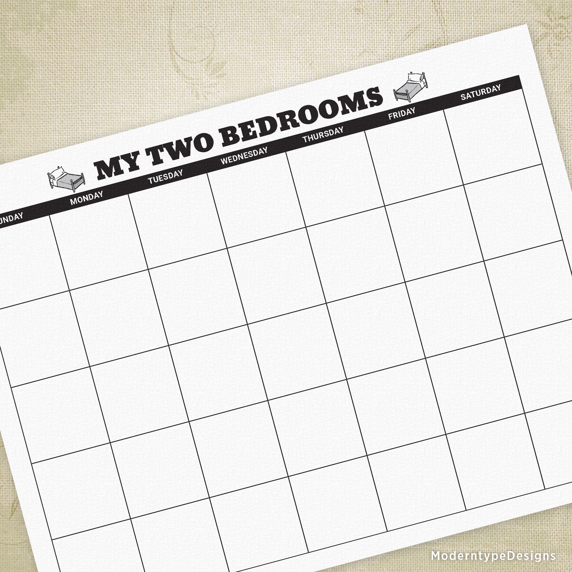 Printable custody calendar with two bedrooms labeled 'MY TWO BEDROOMS' and a grid for marking dates.