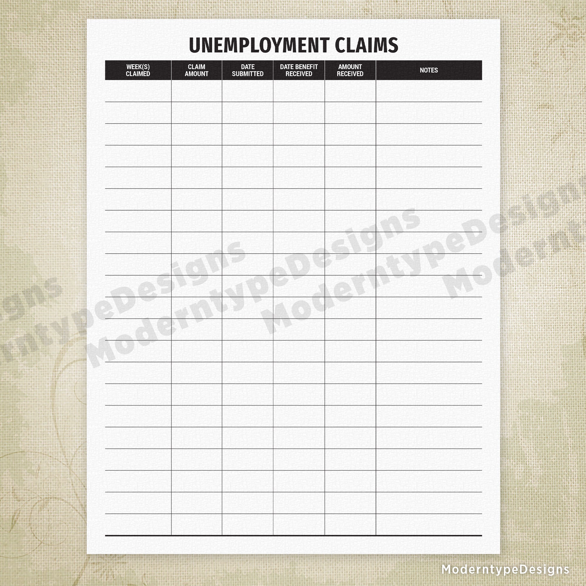 Unemployment Claims Log Printable