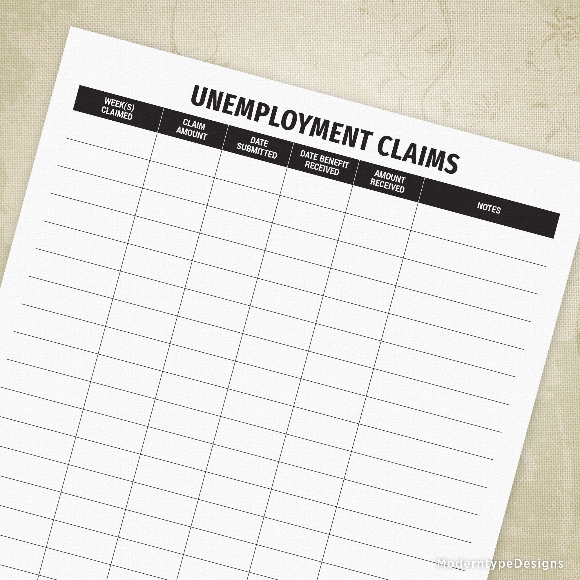 Printable unemployment claims log with sections for date, benefit account, and signatory details.