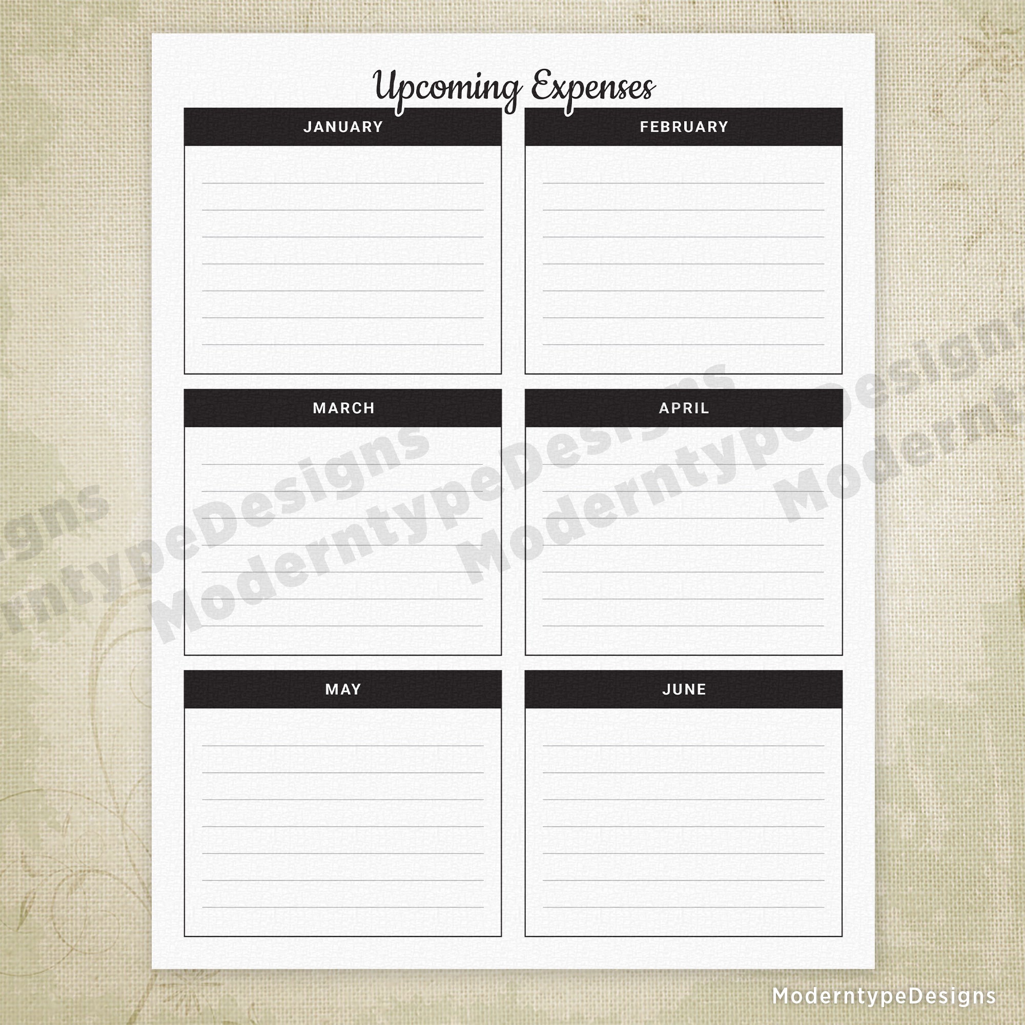 Upcoming Expenses Log Printable