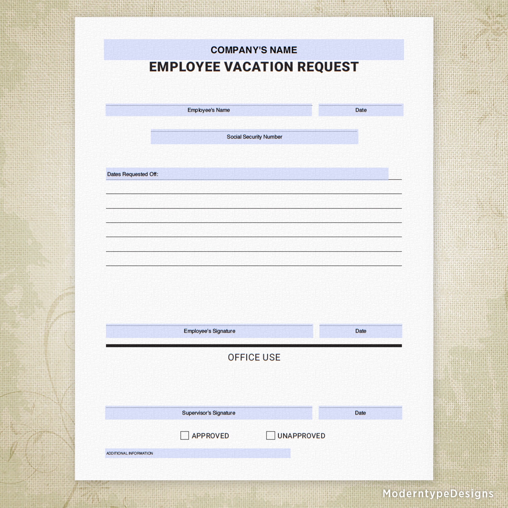 Employee Vacation Request Printable Form, Personalized