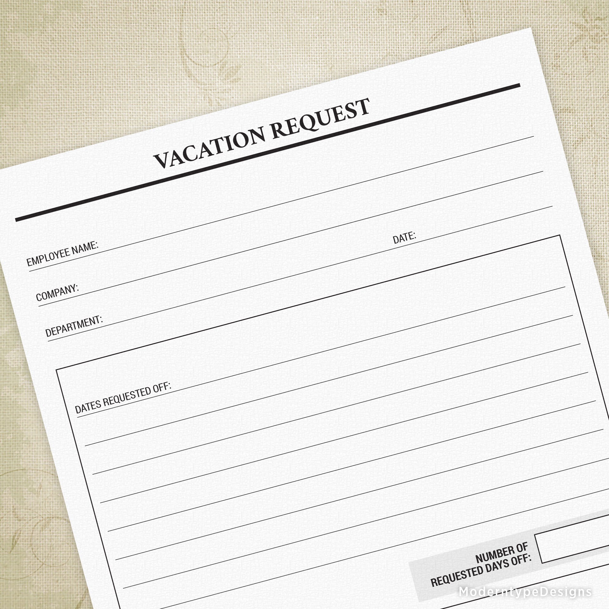 This is a printable Employee Vacation Request PDF. After your employees write in the requested dates that they want off, you can approve and sign.