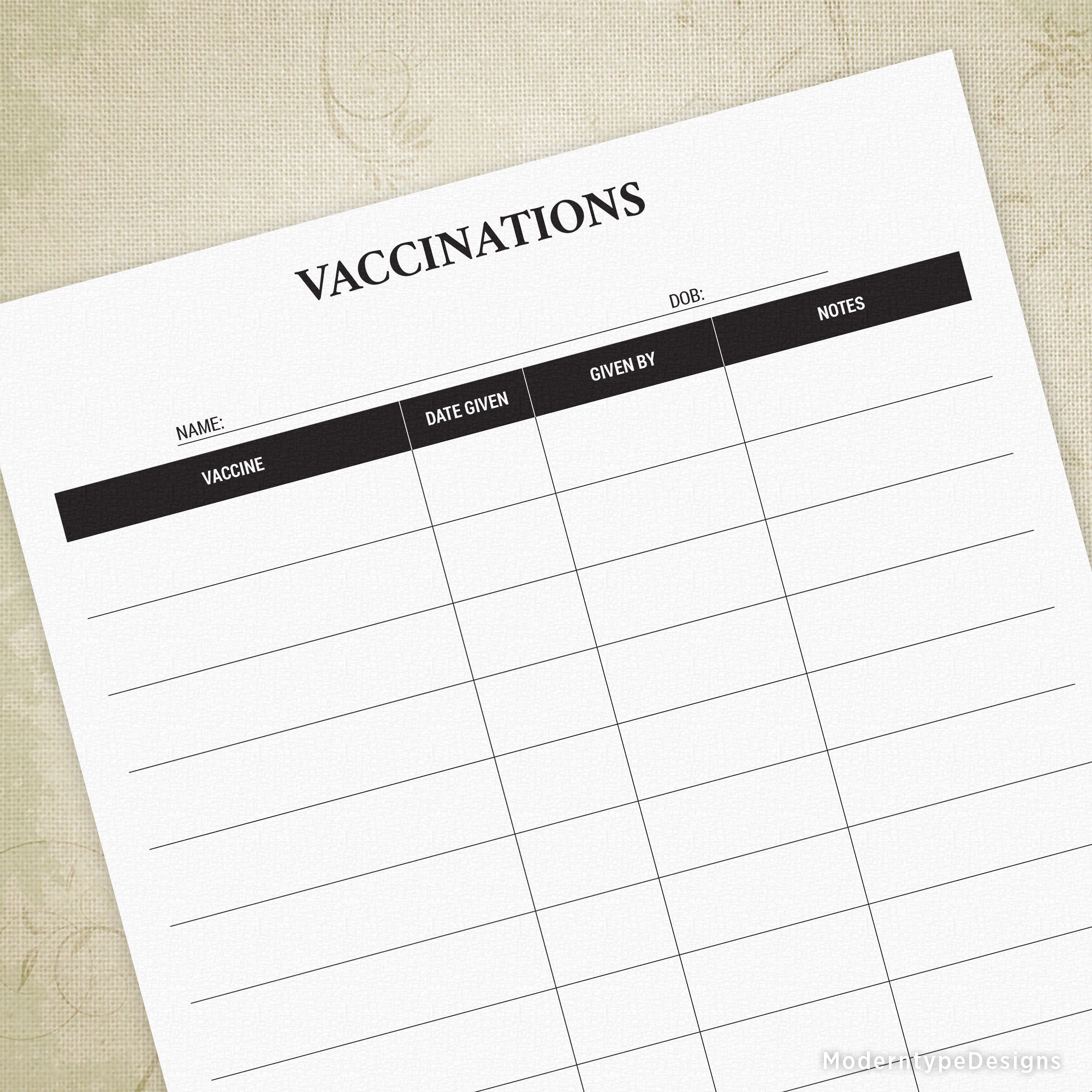 Forgot what vaccines you have had? Write them down with this Vaccinations Tracker Printable PDF. Includes a line for name and date of birth followed by columns for vaccine, date given, given by, and notes.