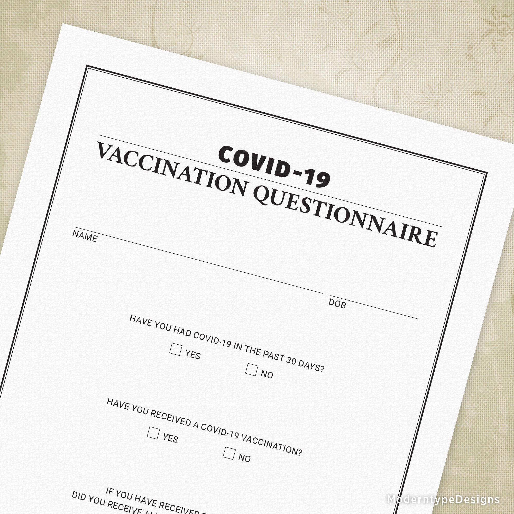 A printable COVID-19 Vaccine Questionnaire form with fields for name, date of birth, signature, and date. The form includes three questions: Have you had COVID-19 in the past 30 days? Yes / No; Have you received a covid-19 vaccination? Yes / No; If you have received the vaccine, did you receive all doses that were required? Yes / No.