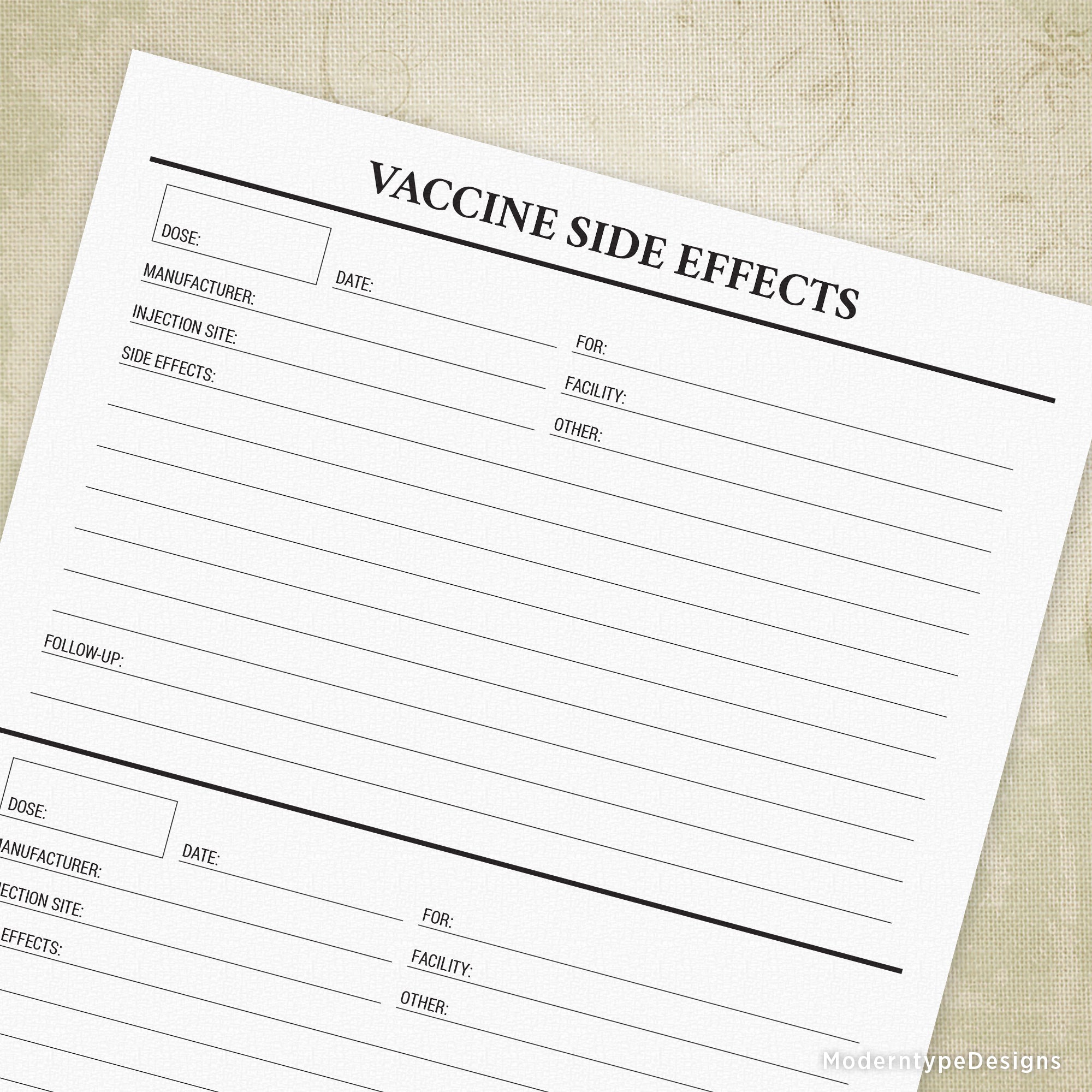 Need to write down how you felt after your vaccinations? Each Vaccine Side Effects Tracker Printable PDF allows you to write in information about two separate doses.
