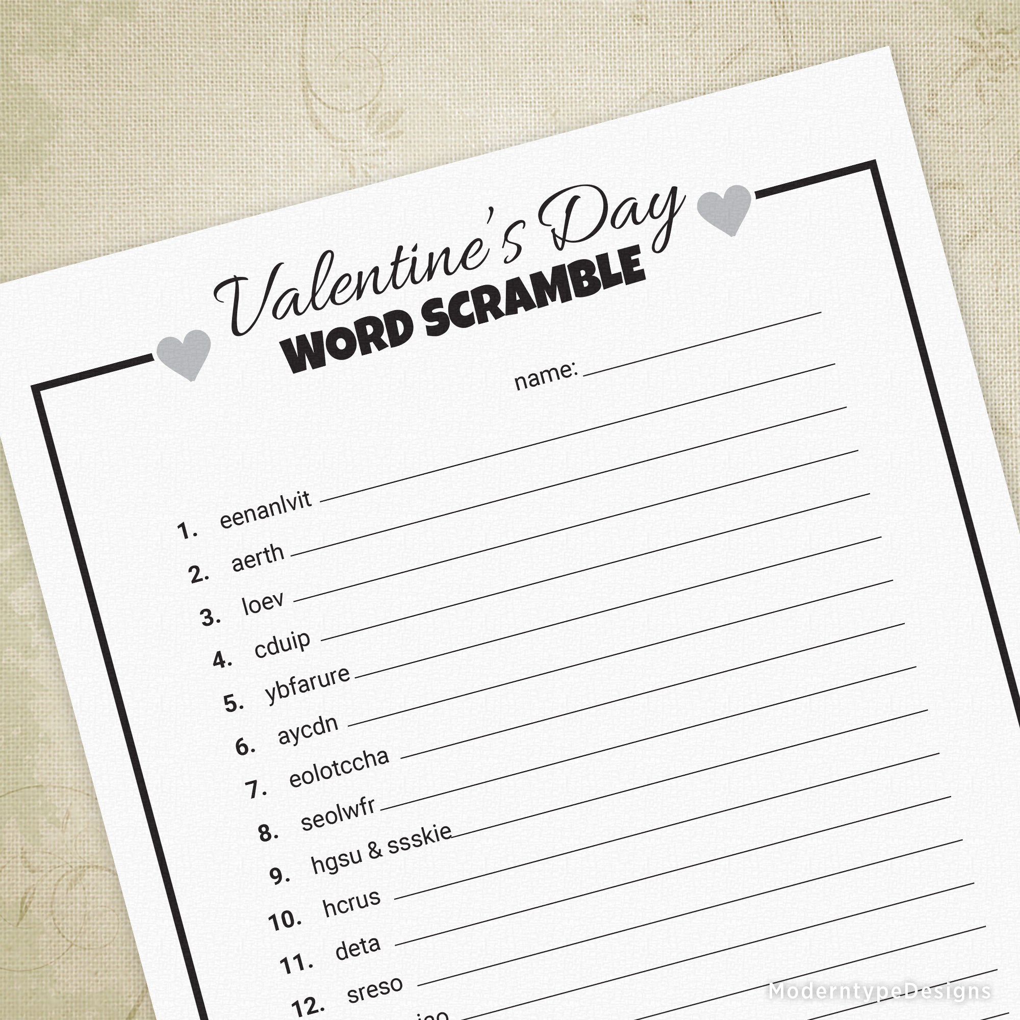 Printable Valentine's Day Word Scramble Game sheet with various words scrambled for participants to guess.
