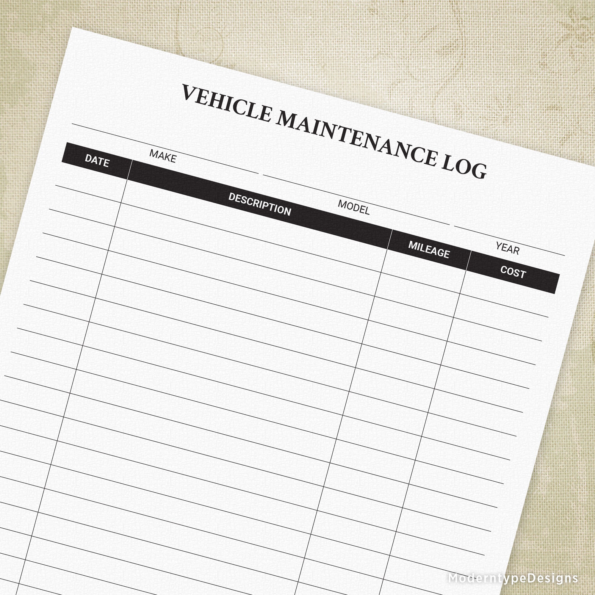 This is a PDF Vehicle Maintenance Log Printable Form. Want to track what work is being done on your automobiles? Use this form to help keep those records! At the top of this form is the "Vehicle Maintenance Log". Below the title are 3 spots for the "Make", "Model" and "Year". Then below that are the columns, "Date", "Description", "Mileage" and "Cost.