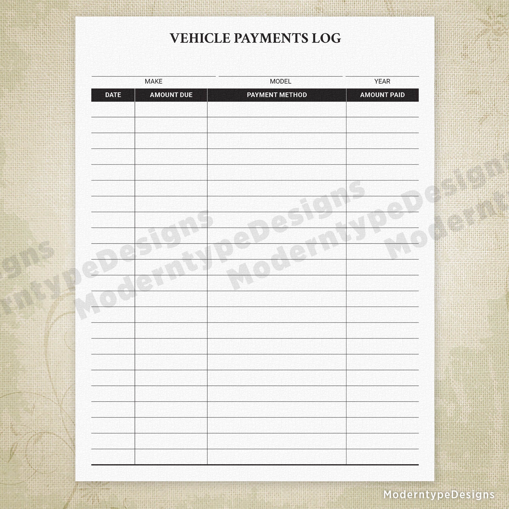 Vehicle Payments Log Printable