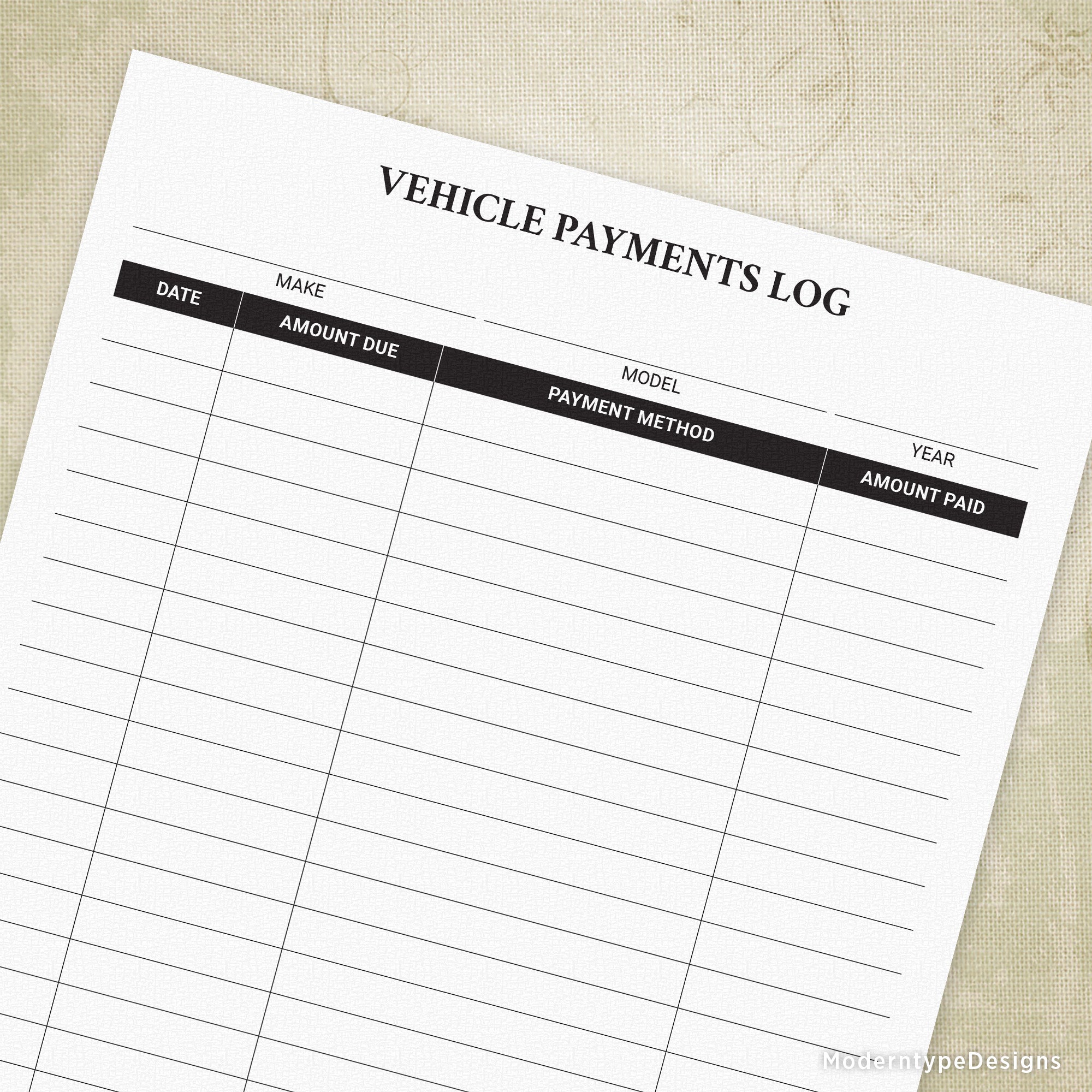 Document your auto payments with this Vehicle Payments Log Printable. Includes columns for "Date", "Amount Due", "Amount Paid", and "Payment Methods".