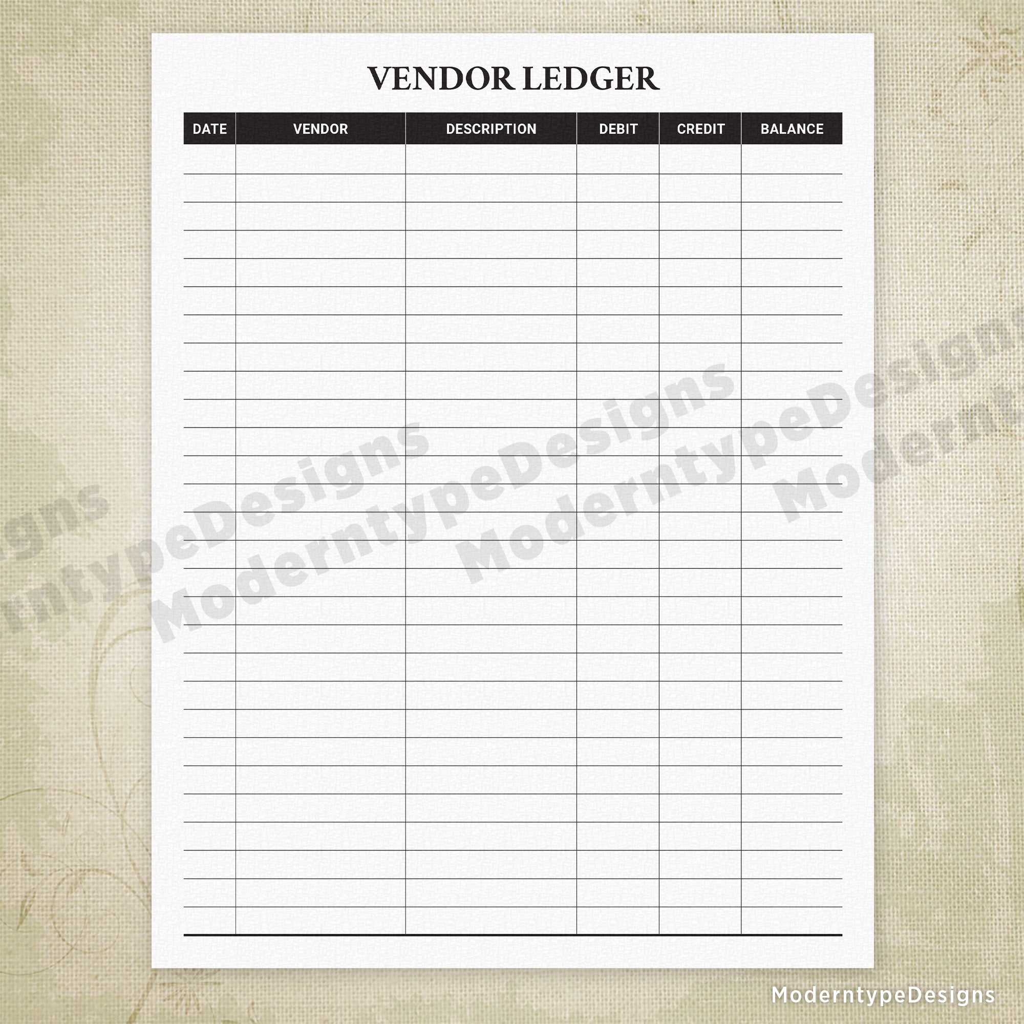 Multiple Vendors Ledger Printable