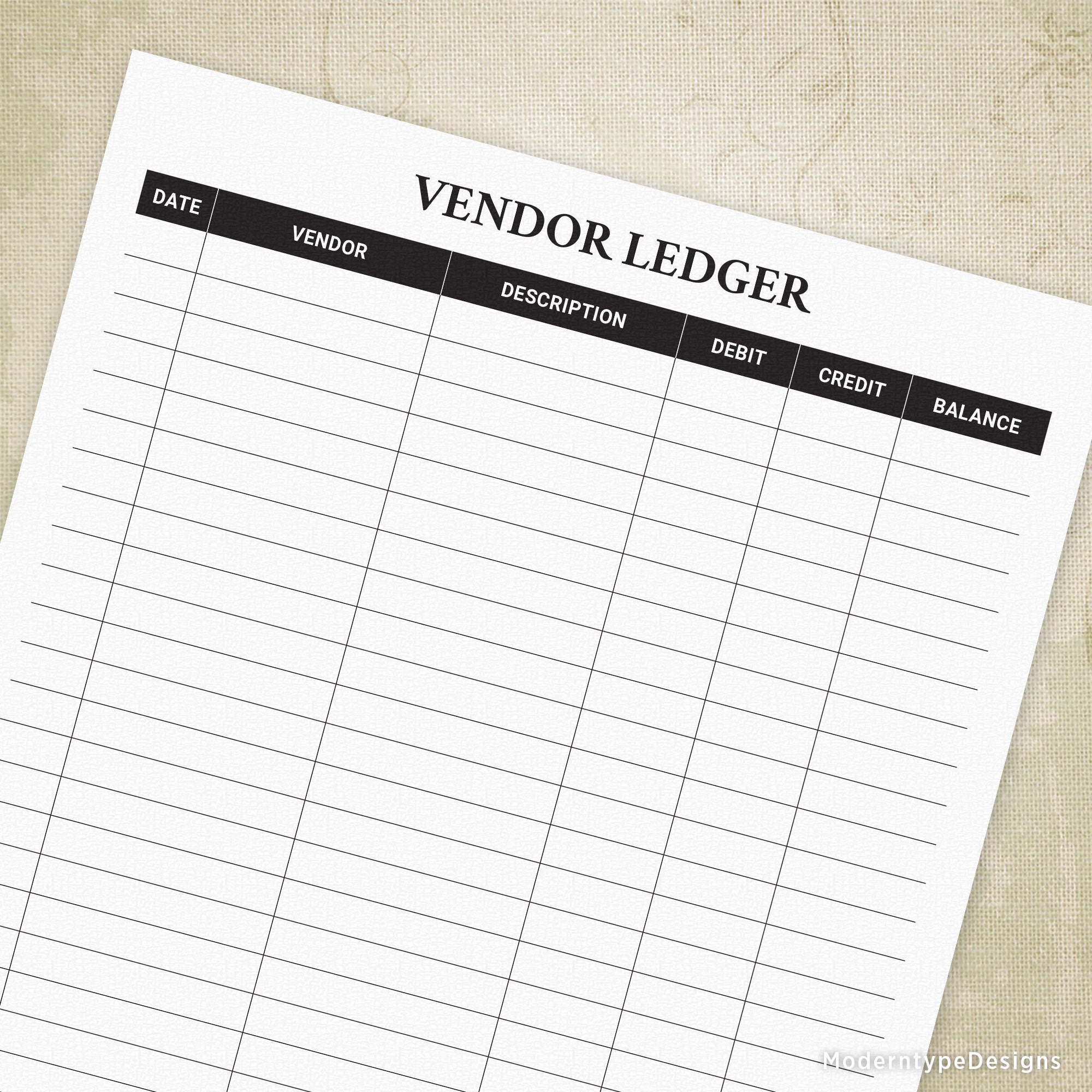 A printable vendor ledger form with sections for Vendor, Description, Credit, and Balance, on a background that is not part of the form.