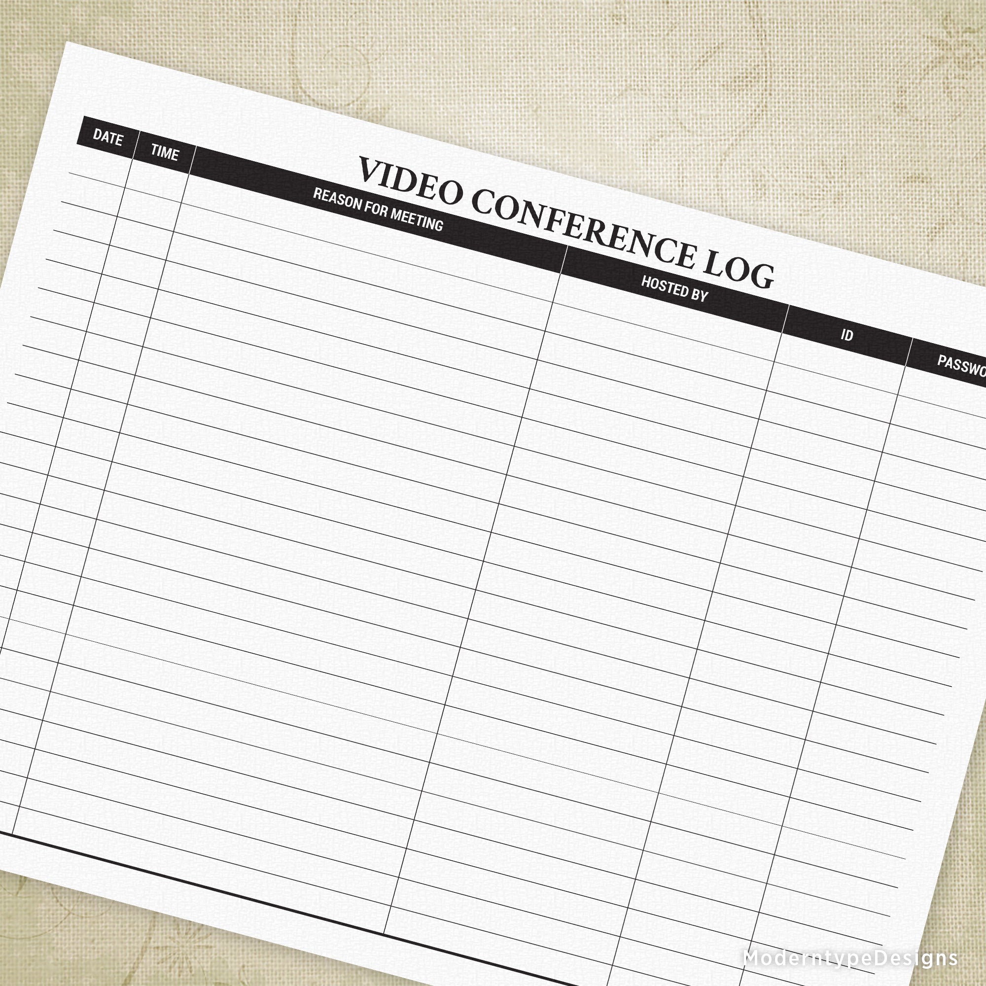 A printable video conference log sheet with columns for video conference details such as date, time, and meeting notes.