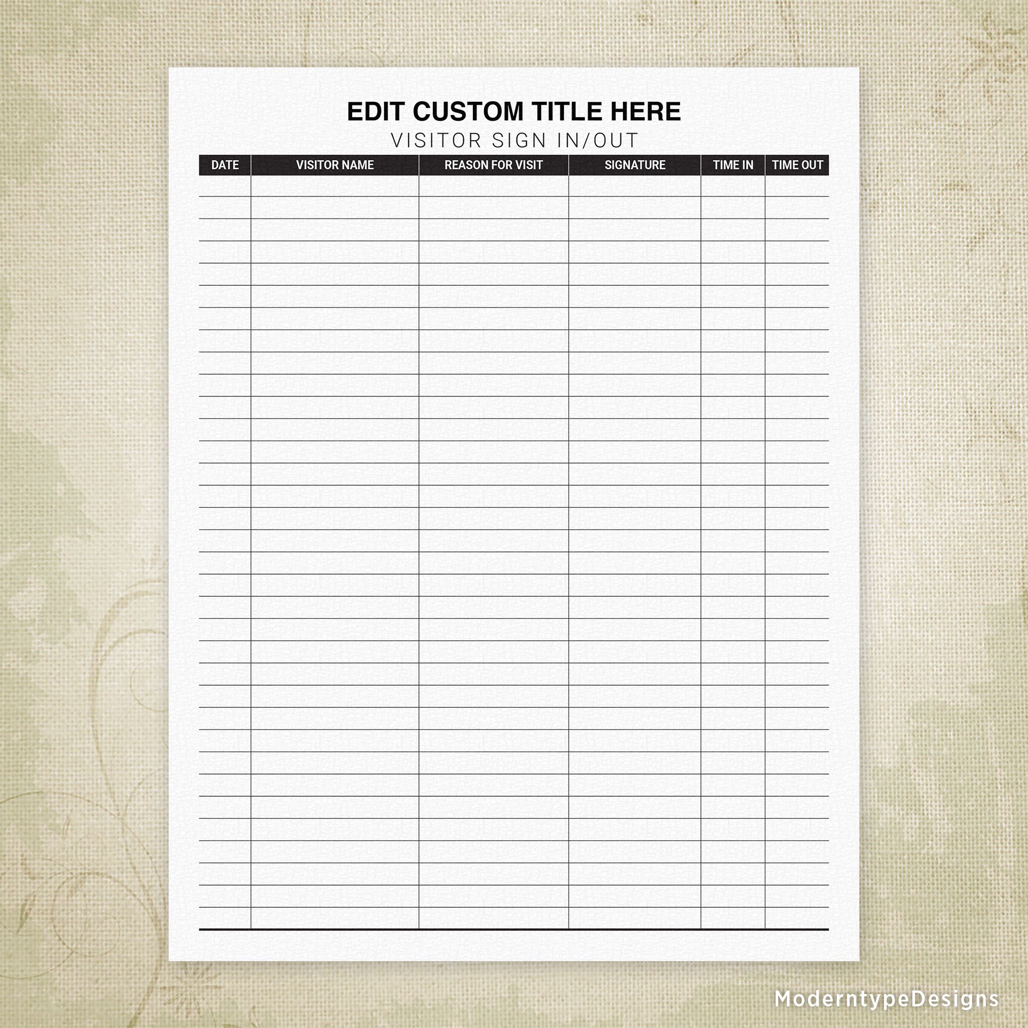 Visitor Sign In and Out Sheet Printable Form, Personalized