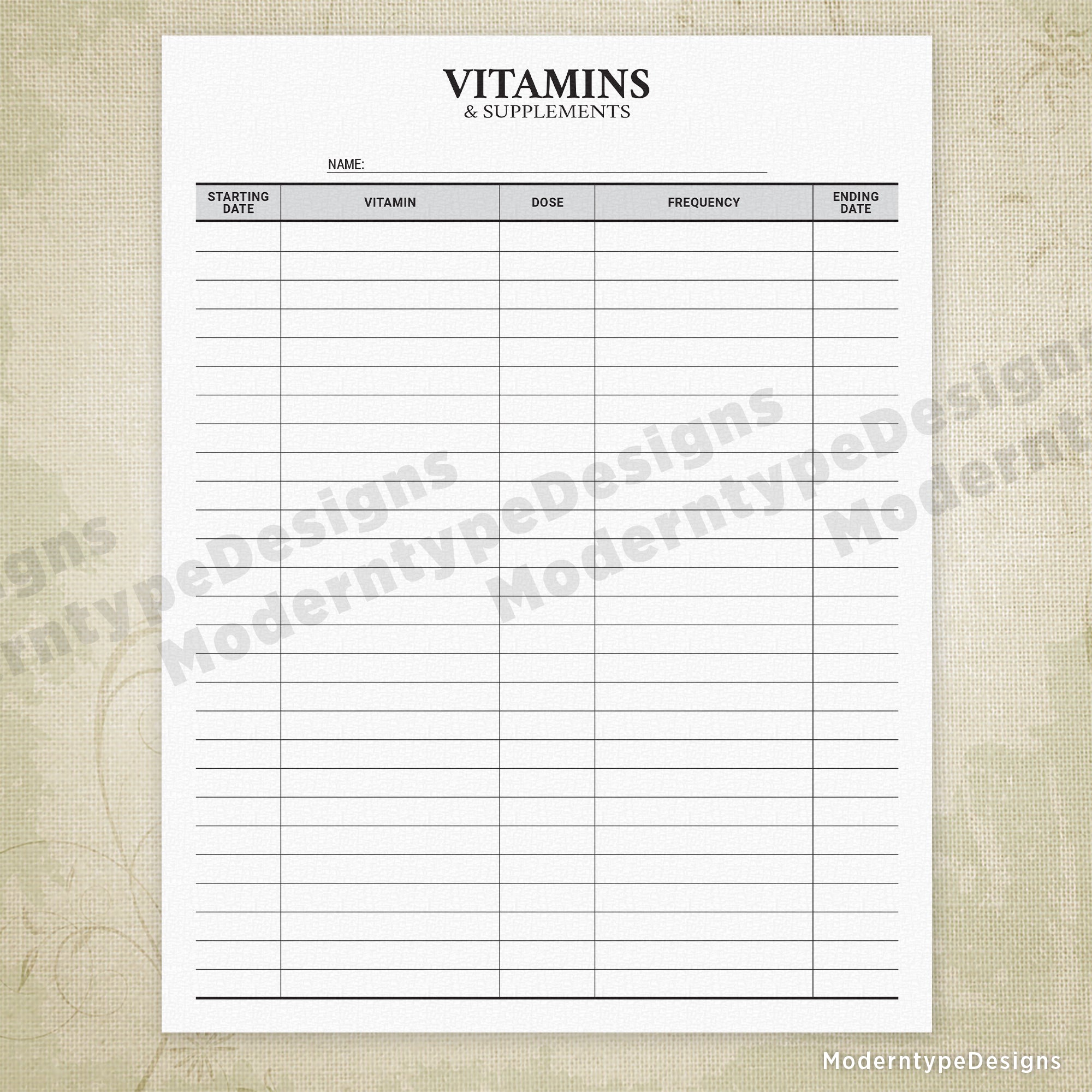Vitamins & Supplements Log Printable