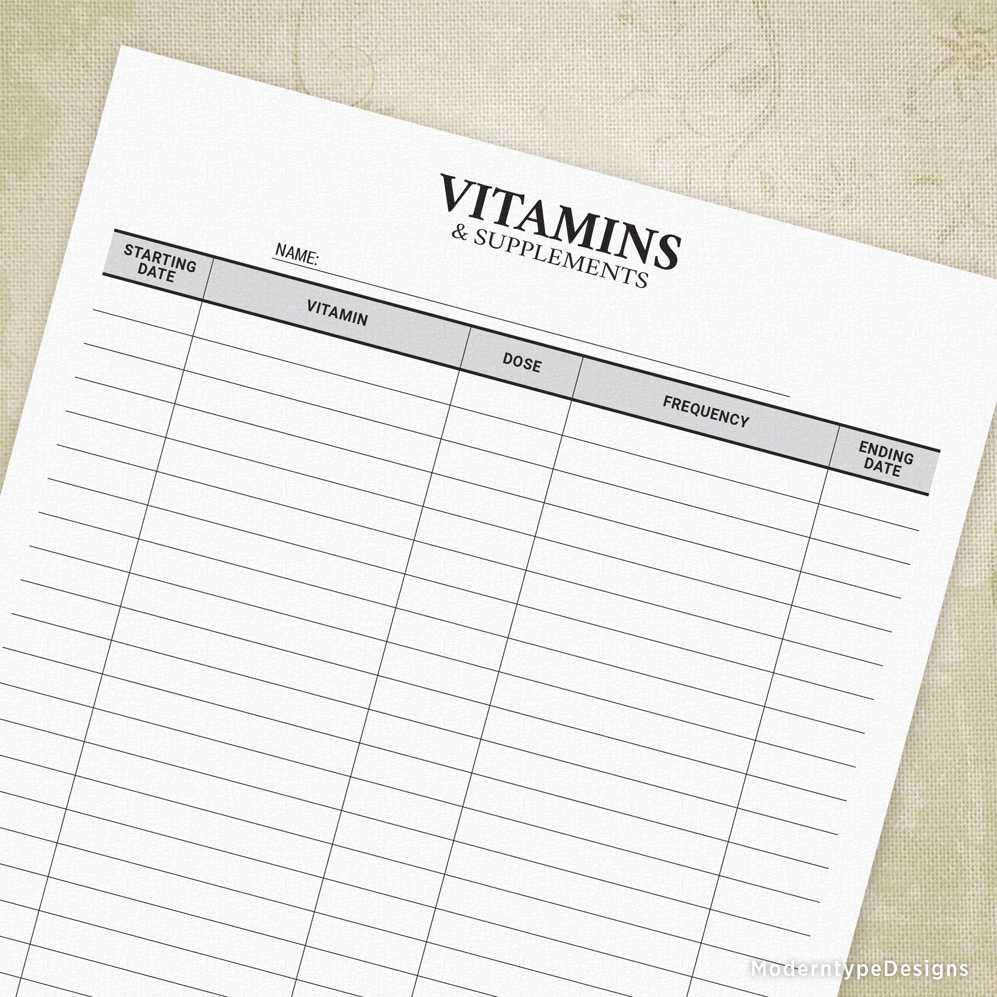 This is a Vitamins & Supplements Log Form PDF for individuals. Write out all of your vitamins in list form and also write down the dates you stopped taking them.