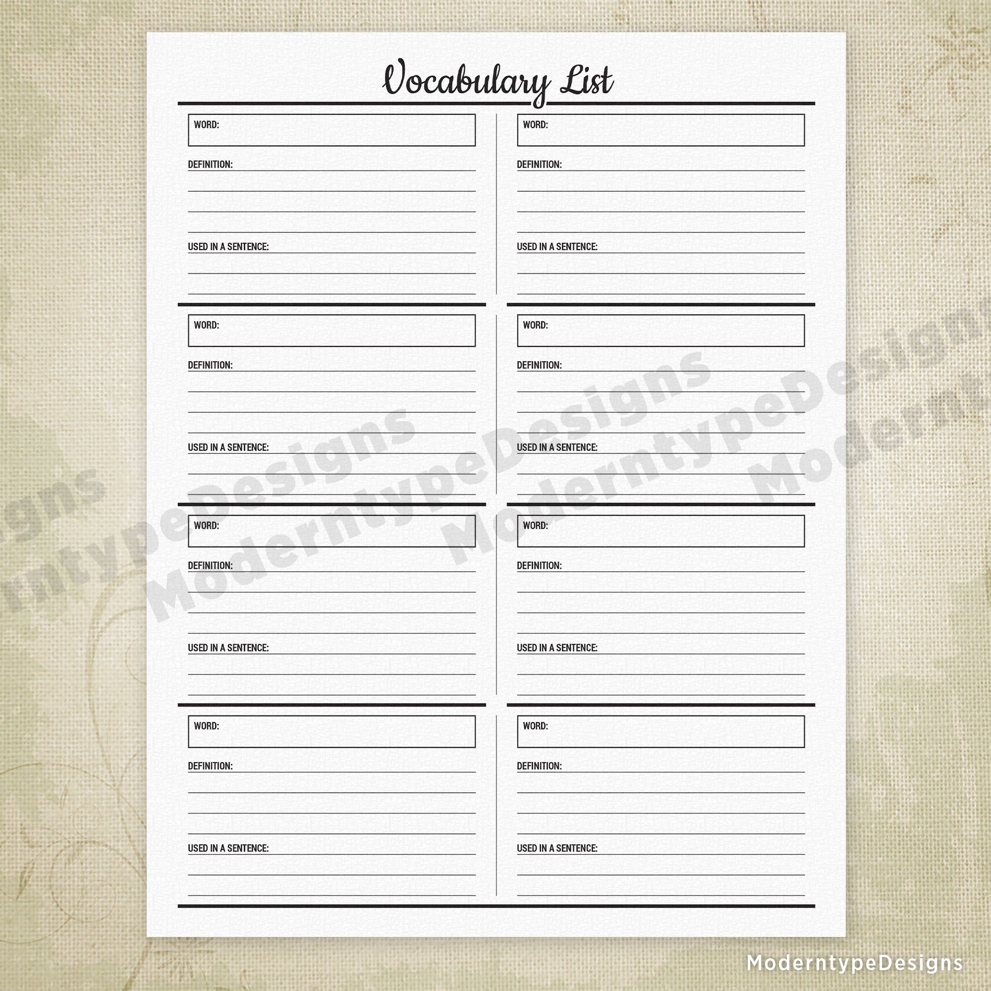 Vocabulary List Printable