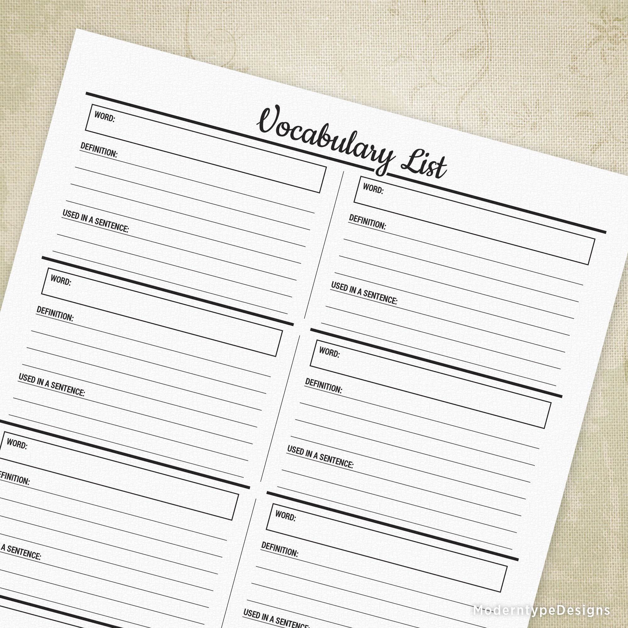 This is a Vocabulary List Printable PDF. This digital file includes 8 areas to write in 8 vocab words that you are trying to learn.