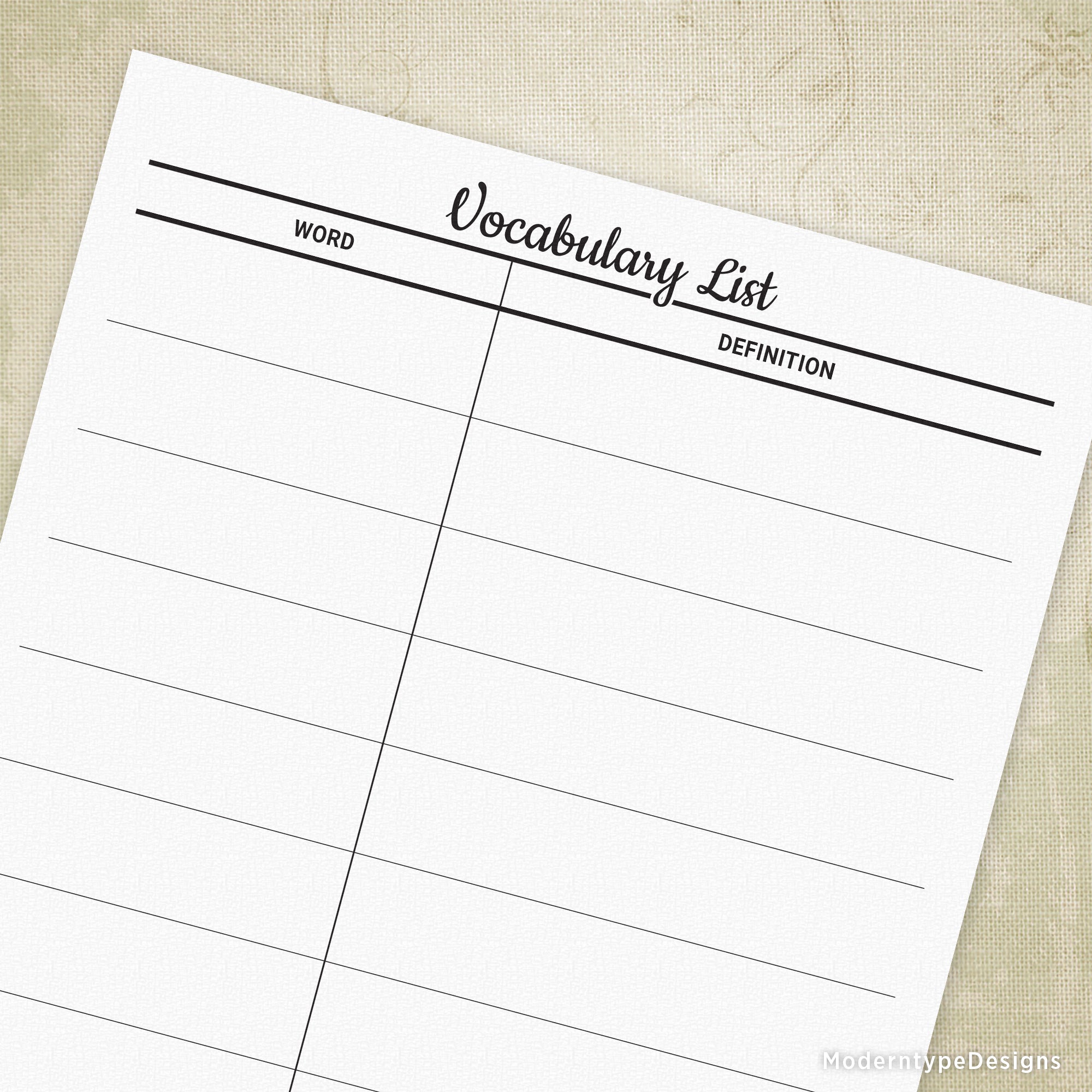 This is a PDF Simple Vocabulary List Printable PDF with lines to write in 10 words and definitions.