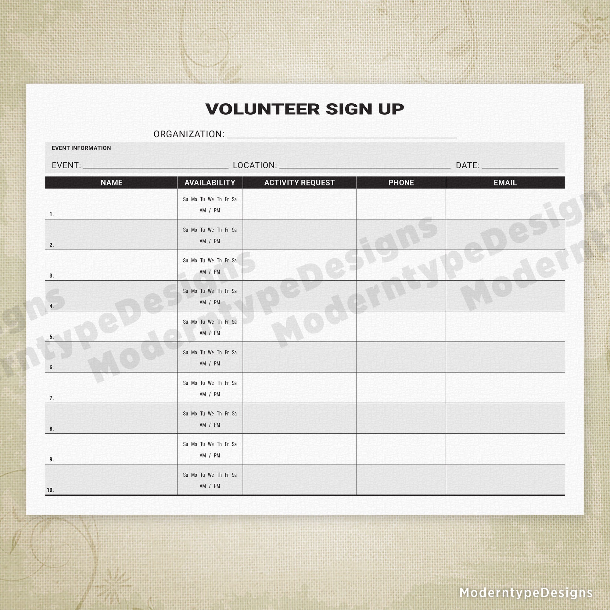 Volunteer Sign Up Printable