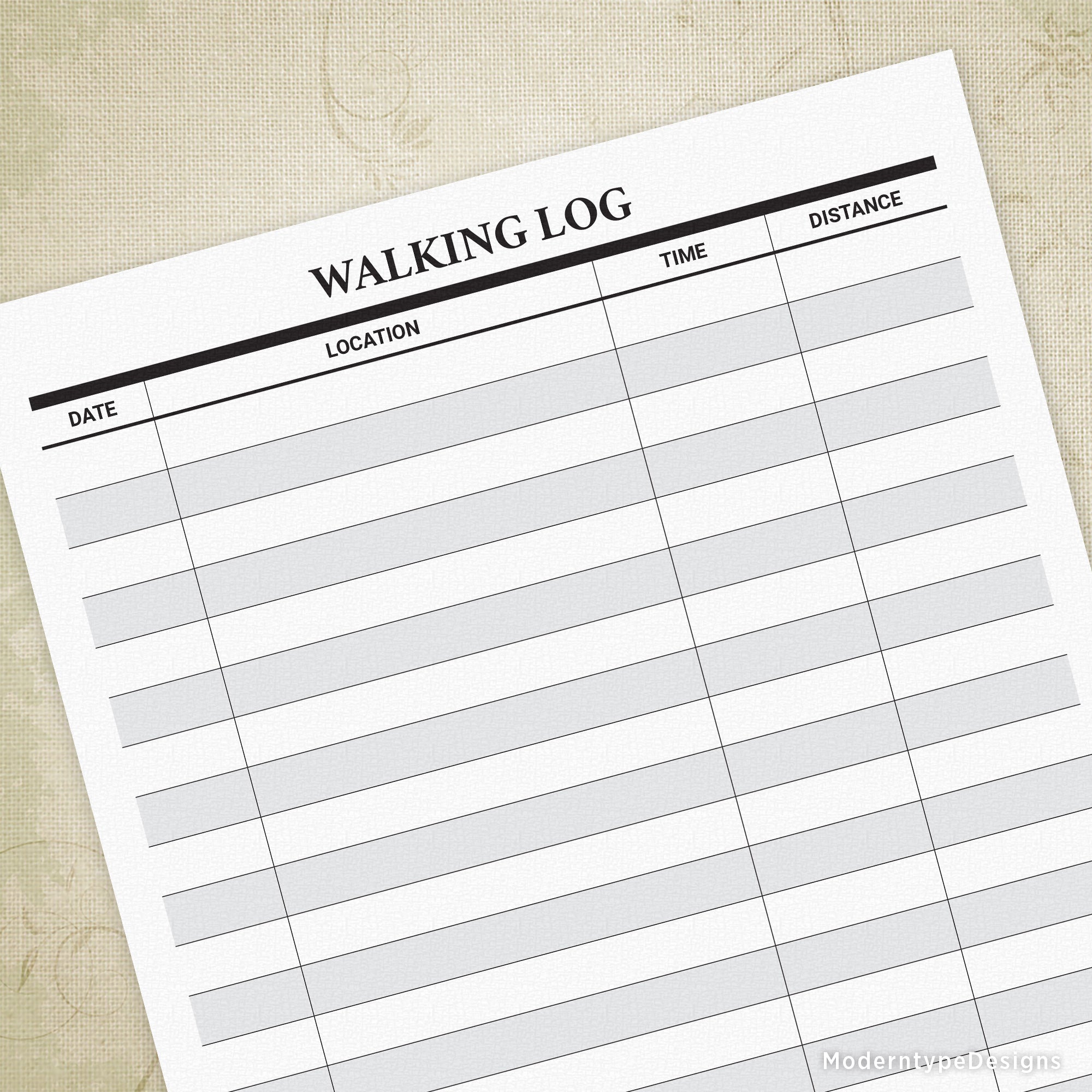 This is a PDF Walking Log Printable Form for people of all ages who are tracking their walking and exercising routines. At the top of this form is the "Walking Log". Below that is a column for "Date" followed by a column for "Location" and then one for "Time", and also one for "Distance". Under these column headers are rows to handwrite your information.