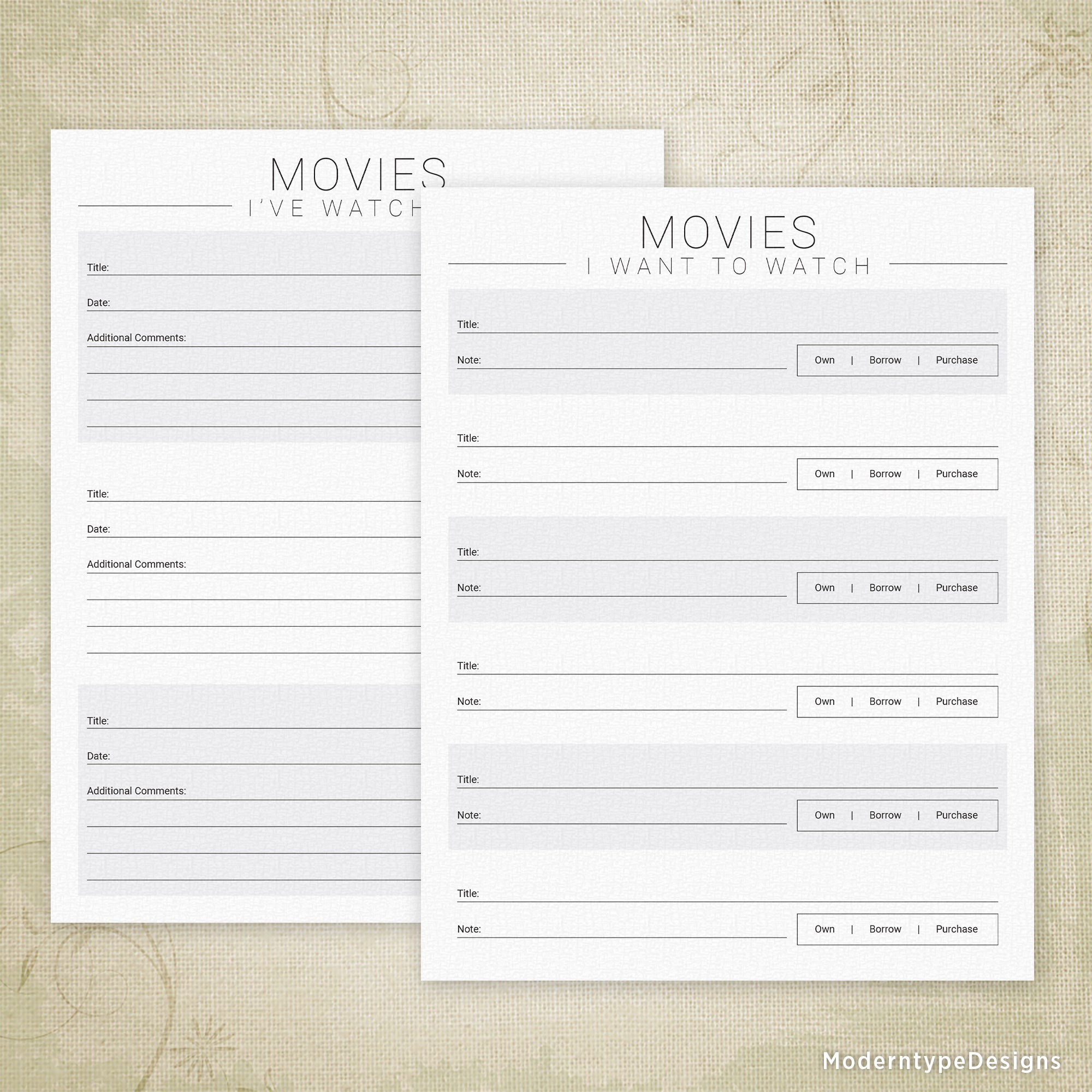 Two printable PDF forms titled 'MOVIES I'VE WATCHED' and 'MOVIES I WANT TO WATCH', featuring a table layout with fields for movie title, date, and personal notes, among others.