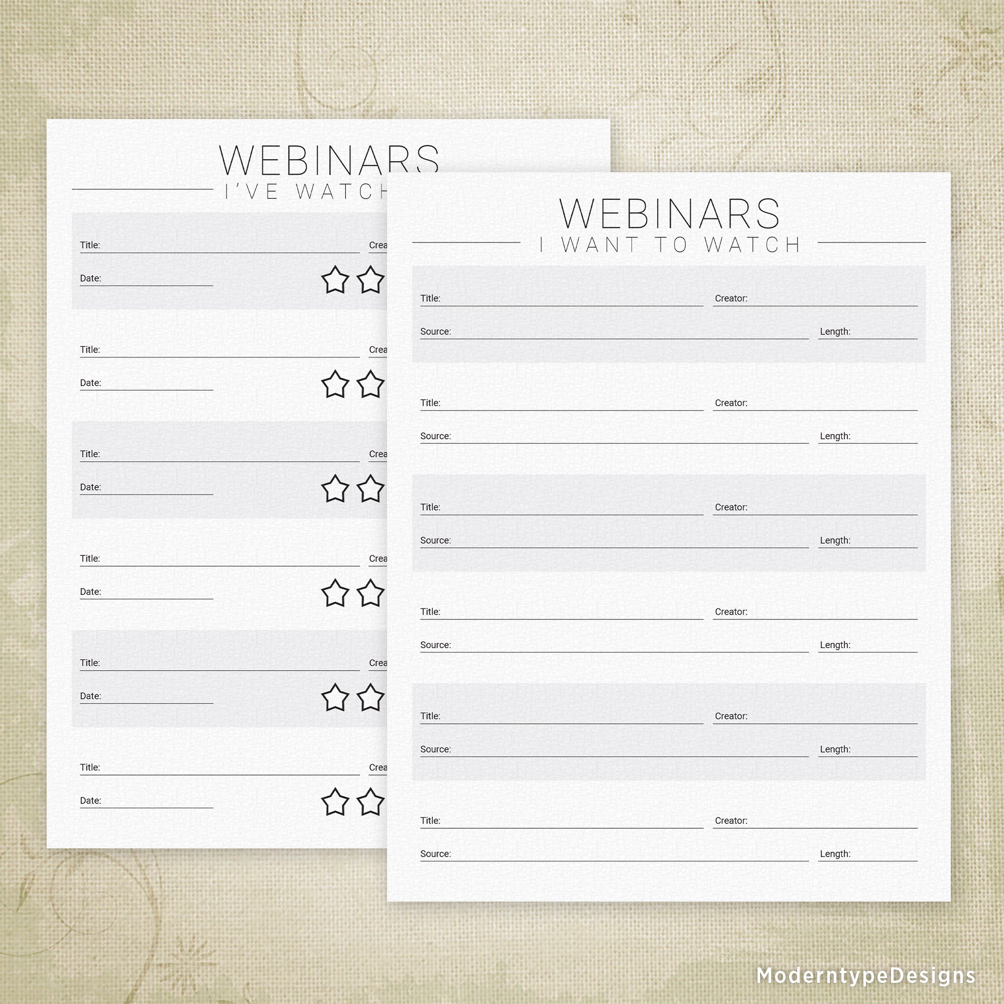 Two printable PDF webinar tracking forms with sections for 'Webinars I've Watched' and 'Webinars I Want to Watch', featuring a star rating system and space for notes.