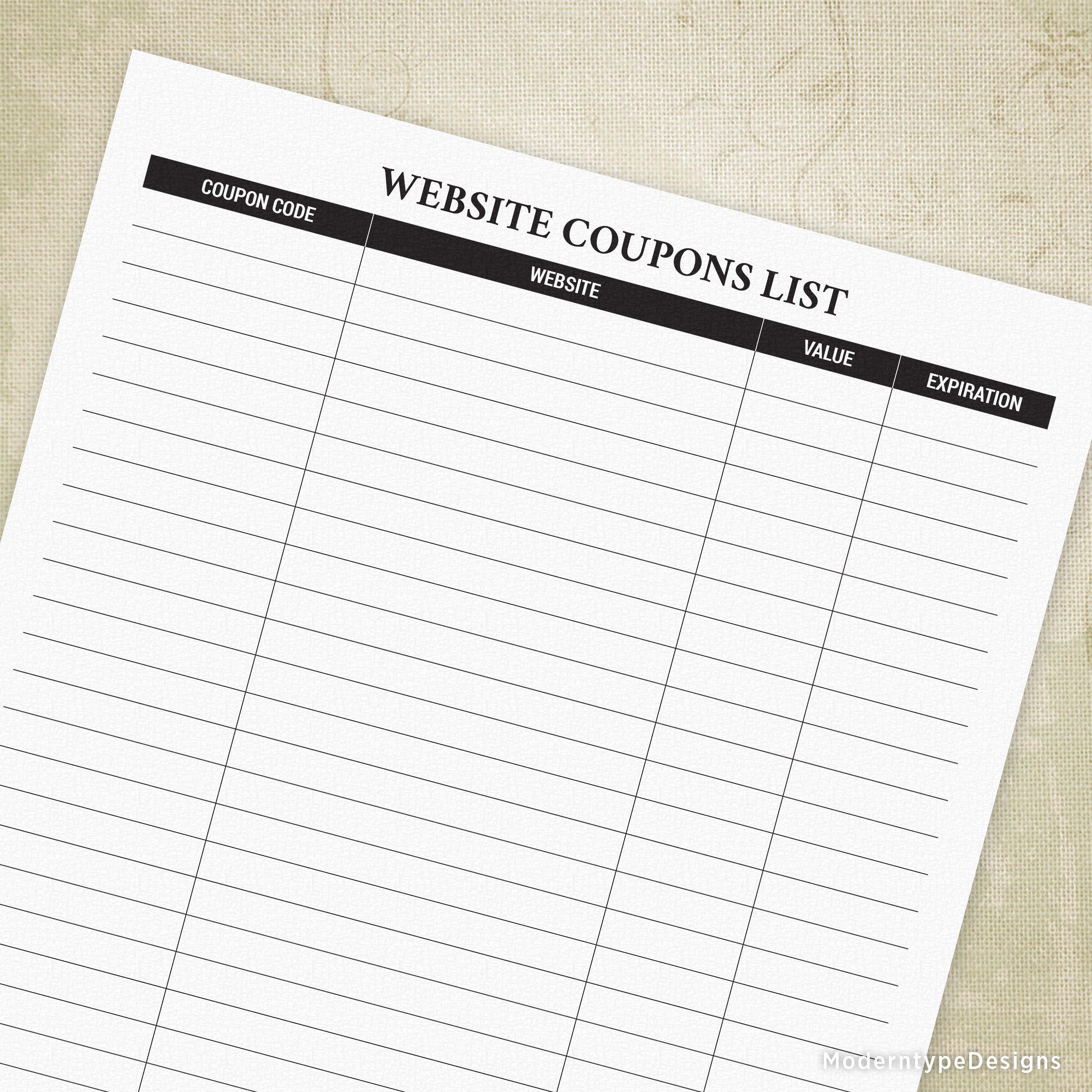 A printable PDF form titled 'Website Coupons List' with sections for coupon code, website, value, and expiration date.