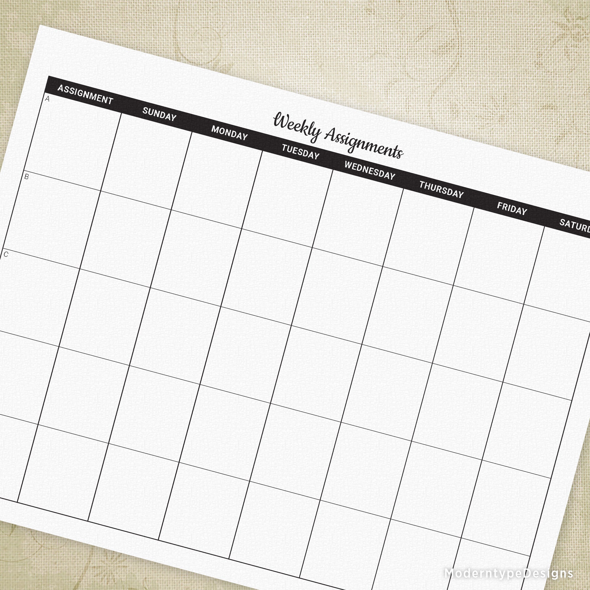 This is a Weekly Planner Assignments Printable PDF. At the top of this form is "Weekly Assignments", the first column is "Assignment" each column header after are the days of the week (all 7). Along the left is "A", "B", "C", "D", and "E". Great for teachers and businesses!