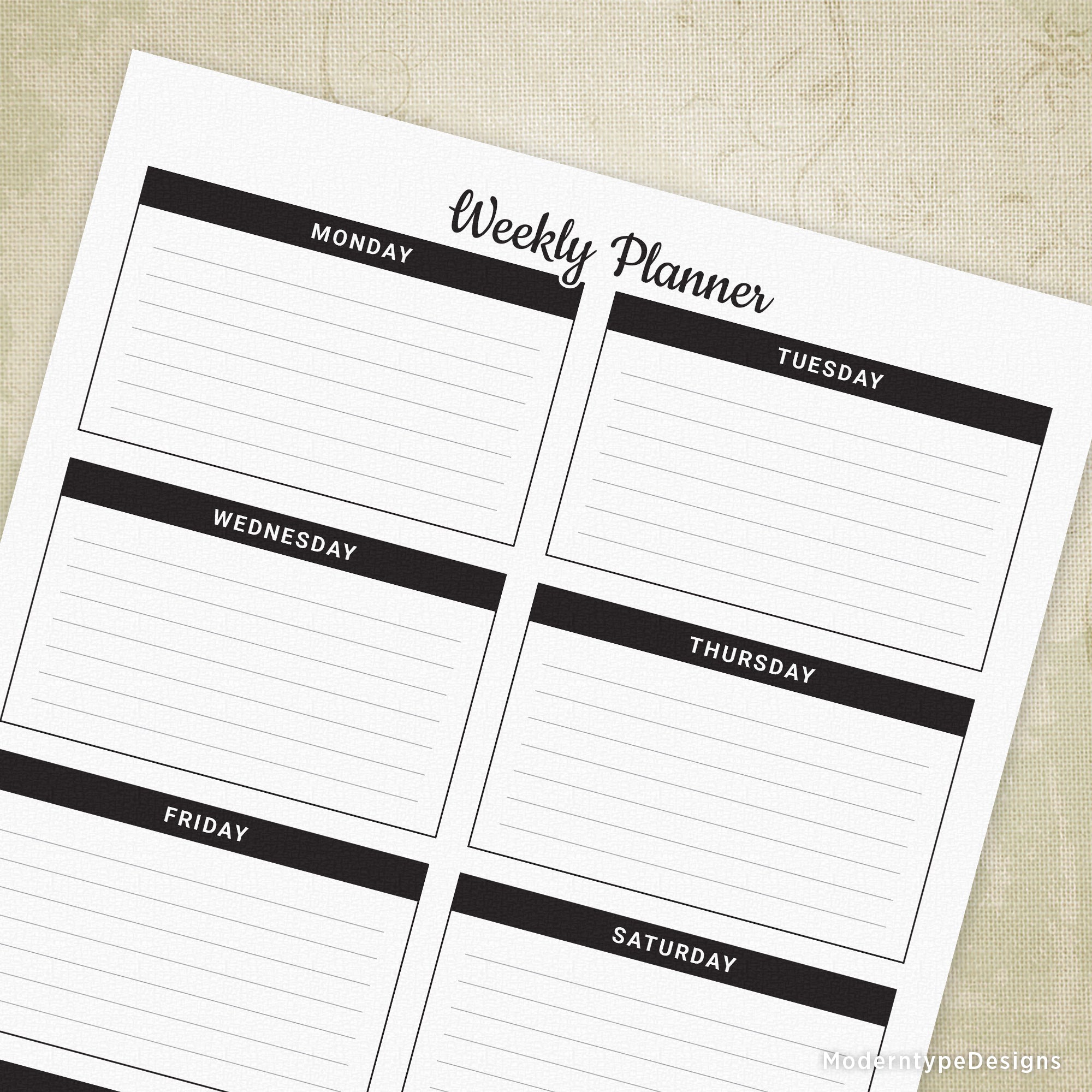 This is for a Weekly Planner Printable PDF, instant download. Track each day of the week by writing in your activities. Each day has a box with lines and also included is an extra box for "notes".