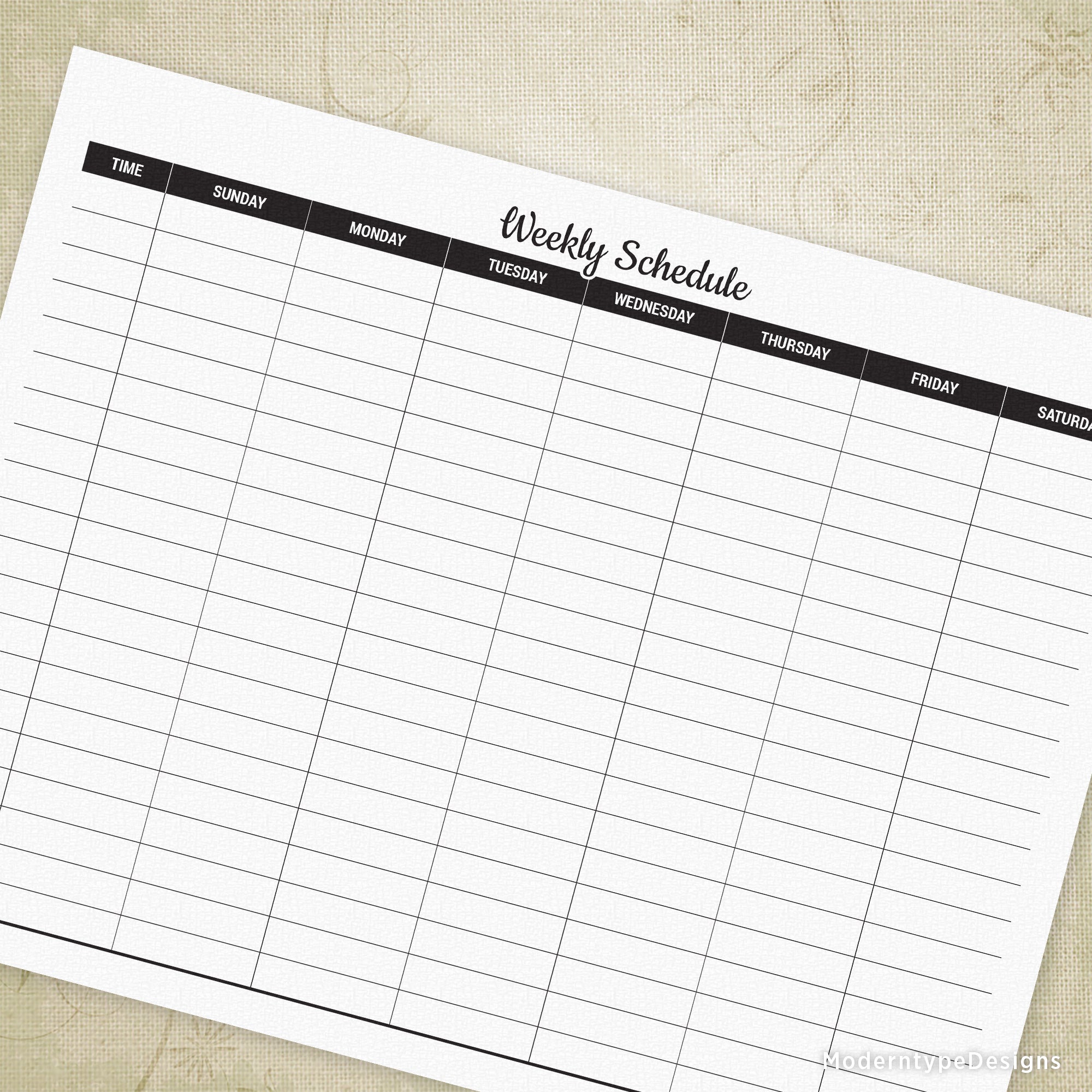 This is a Weekly Schedule Printable PDF, for instant download. Each row includes a column to write in your times. The remaining columns are for each day of the week.