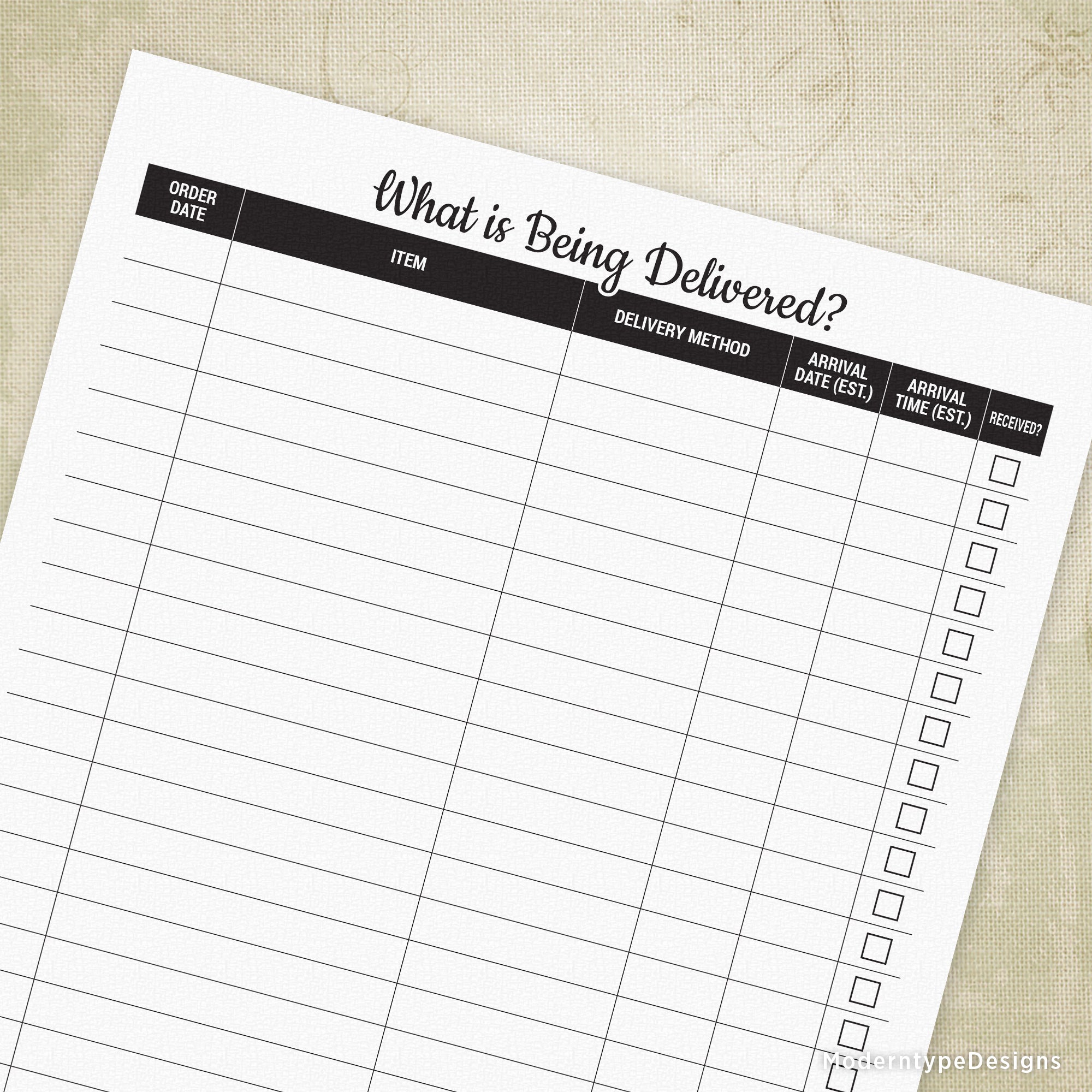 Printable tracker form titled 'WHAT IS BEING DELIVERED?' with sections for item, description, method, and estimated date/time.
