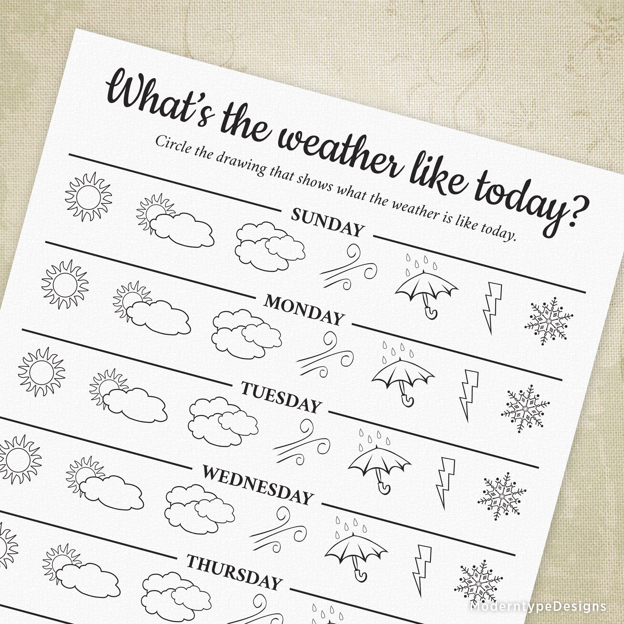 Follow the forecast for each of the 7 days of the week with this What's the weather like today? Printable PDF. Includes drawings to circle for sunny, partly cloudy, cloudy, windy, rainy, stormy, and snowy.