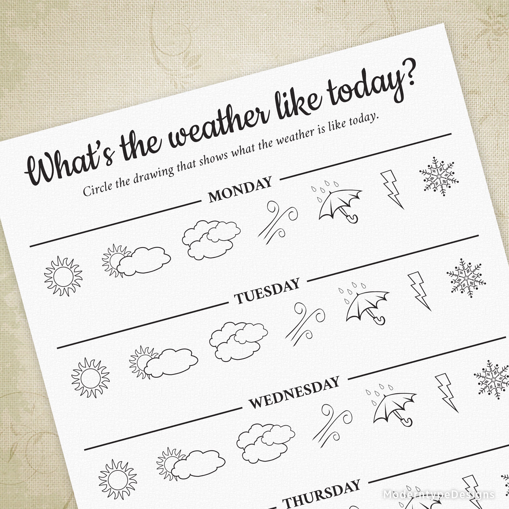 Printable weather forecast chart for kids with illustrations of sun, clouds, rain, wind, and snow, alongside a question 'What's the weather like today?'.