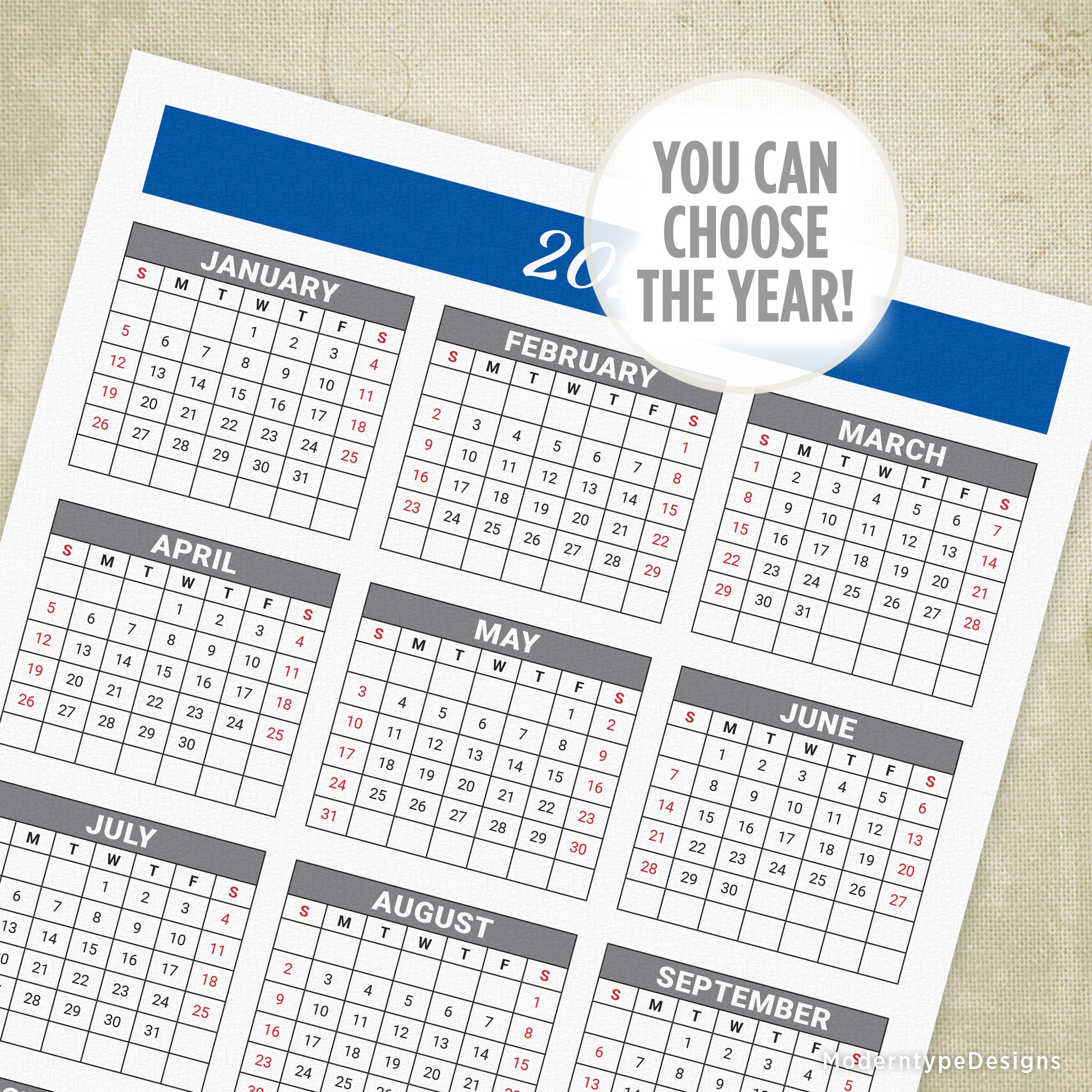Printable yearly calendar with blue header and grid lines for the months, placed on a letter-sized paper.