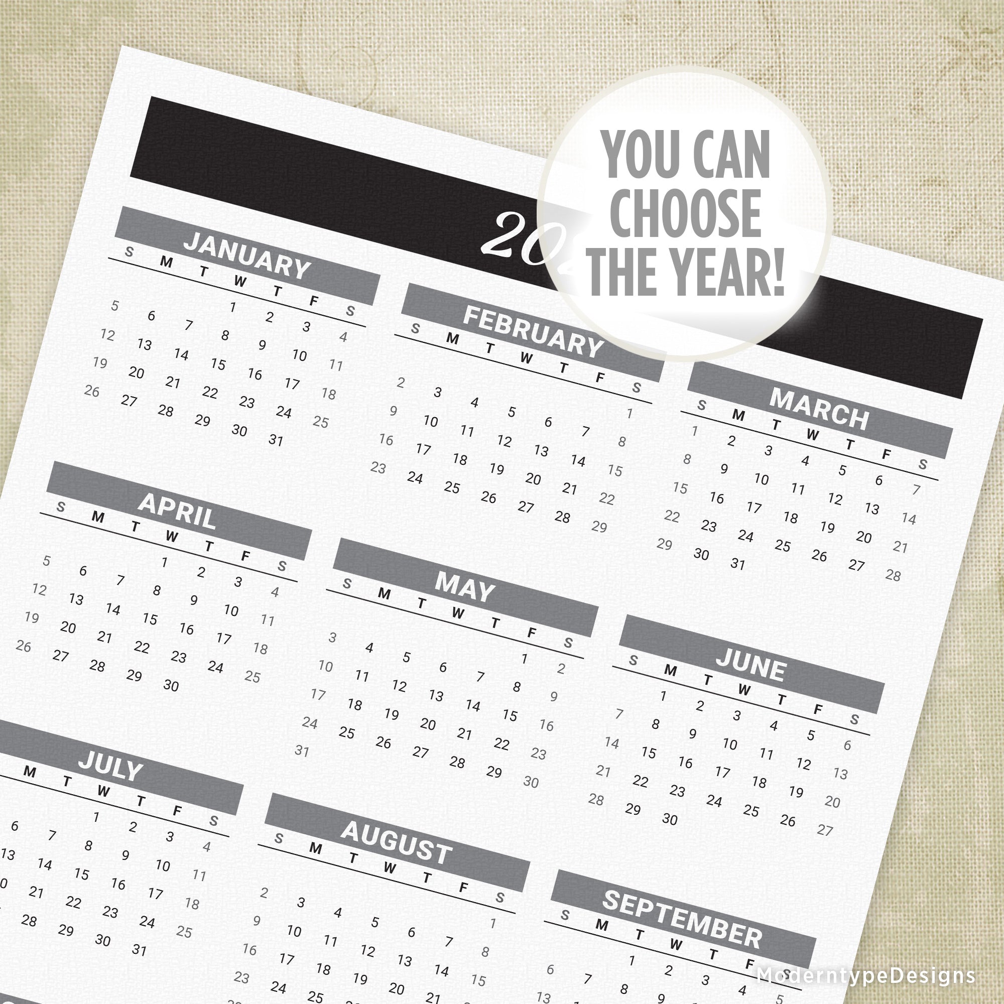 Yearly Printable Calendar Black Header Without Grid